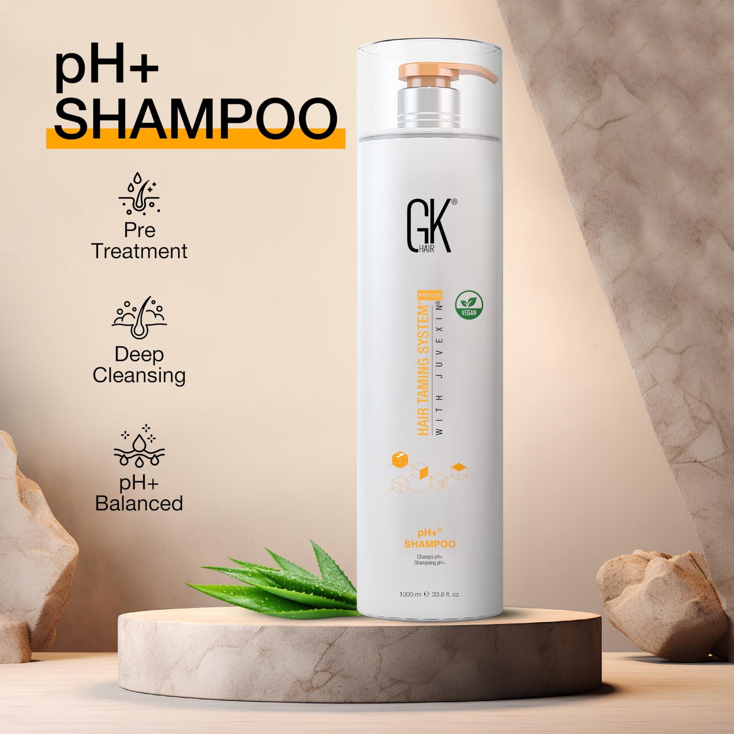 Light Gray GK HAIR pH+ Clarifying Shampoo 33.8 Oz – Aloe Vera & Pro Vitamin Deep Cleansing Shampoo for Build Up Removal, Pre Treatment Shampoo for Keratin Treatment, Detox Shampoo for Oily Hair