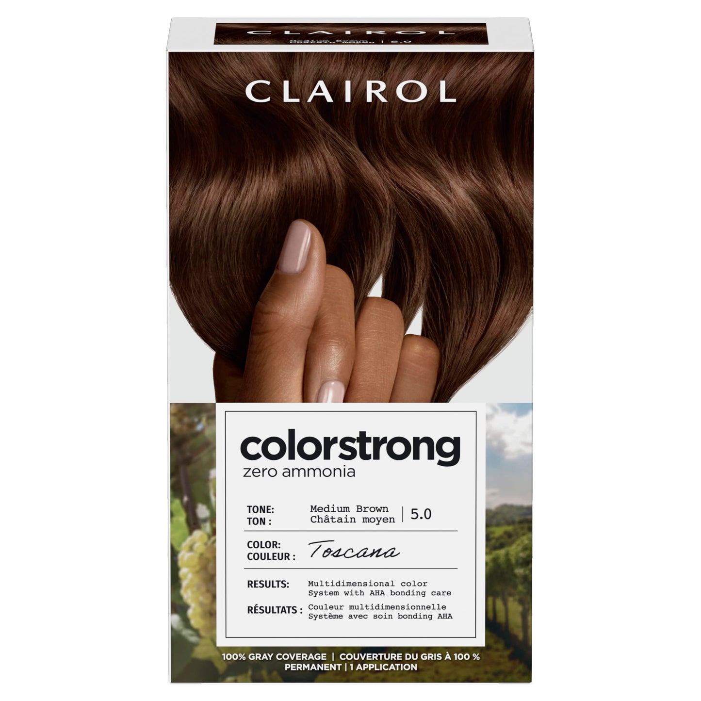 Black Clairol ColorStrong Permanent Hair Dye, Ammonia‑Free, PPD‑Free, 100% Gray Coverage with Bonding System, 5.0 Medium Brown - Toscana Hair Color, Pack of 1