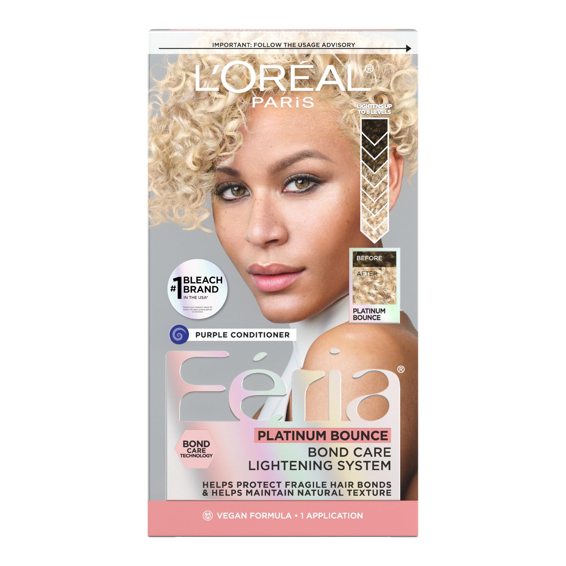 Gray L’Oreal Paris Feria Platinum Bounce Bond Care Lightening System, Lifts Up To 8 Levels, Includes Anti Brass Purple Conditioner, Platinum Bounce, 1 Hair Dye Kit