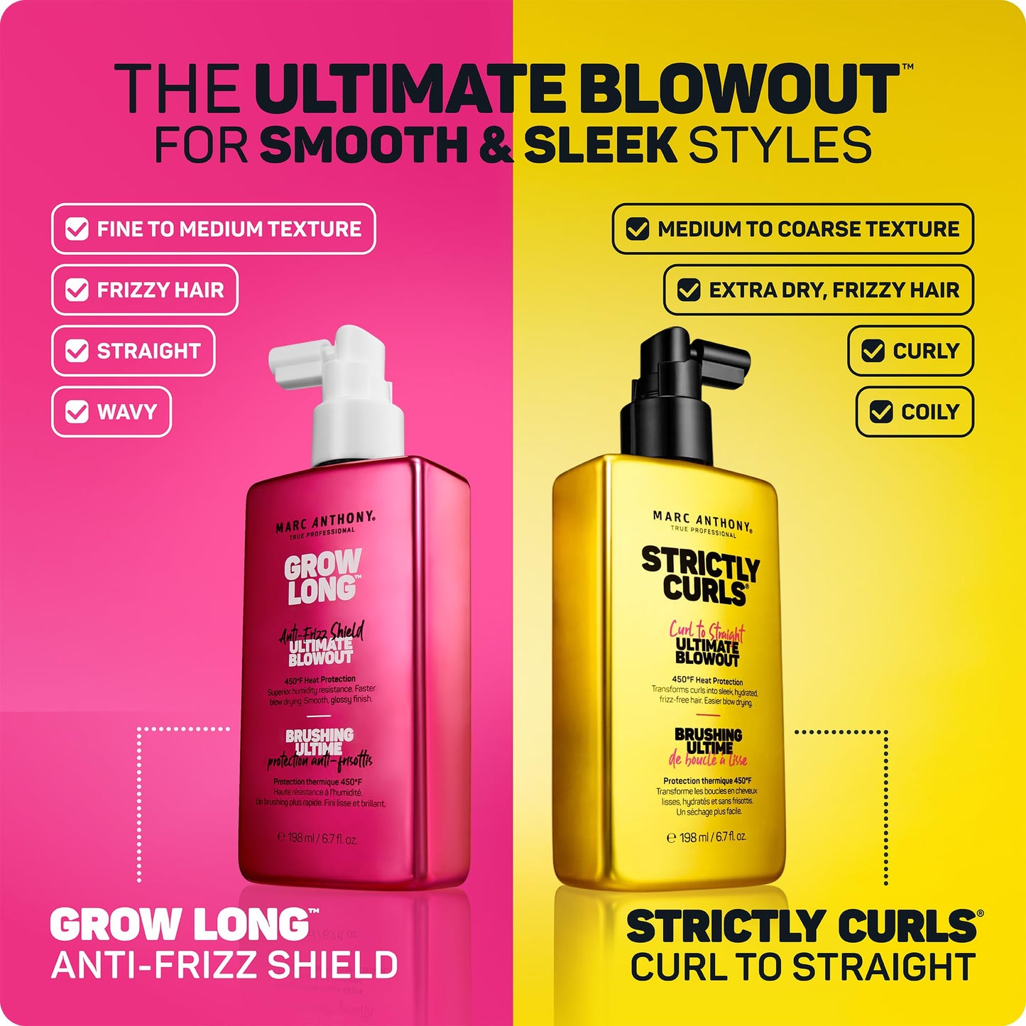 Hot Pink Marc Anthony Anti-Frizz Shield Ultimate Blowout Spray, Grow Long - Smooth, Shiny Hair in High Humidity - Heat Protectant - 6.7 oz