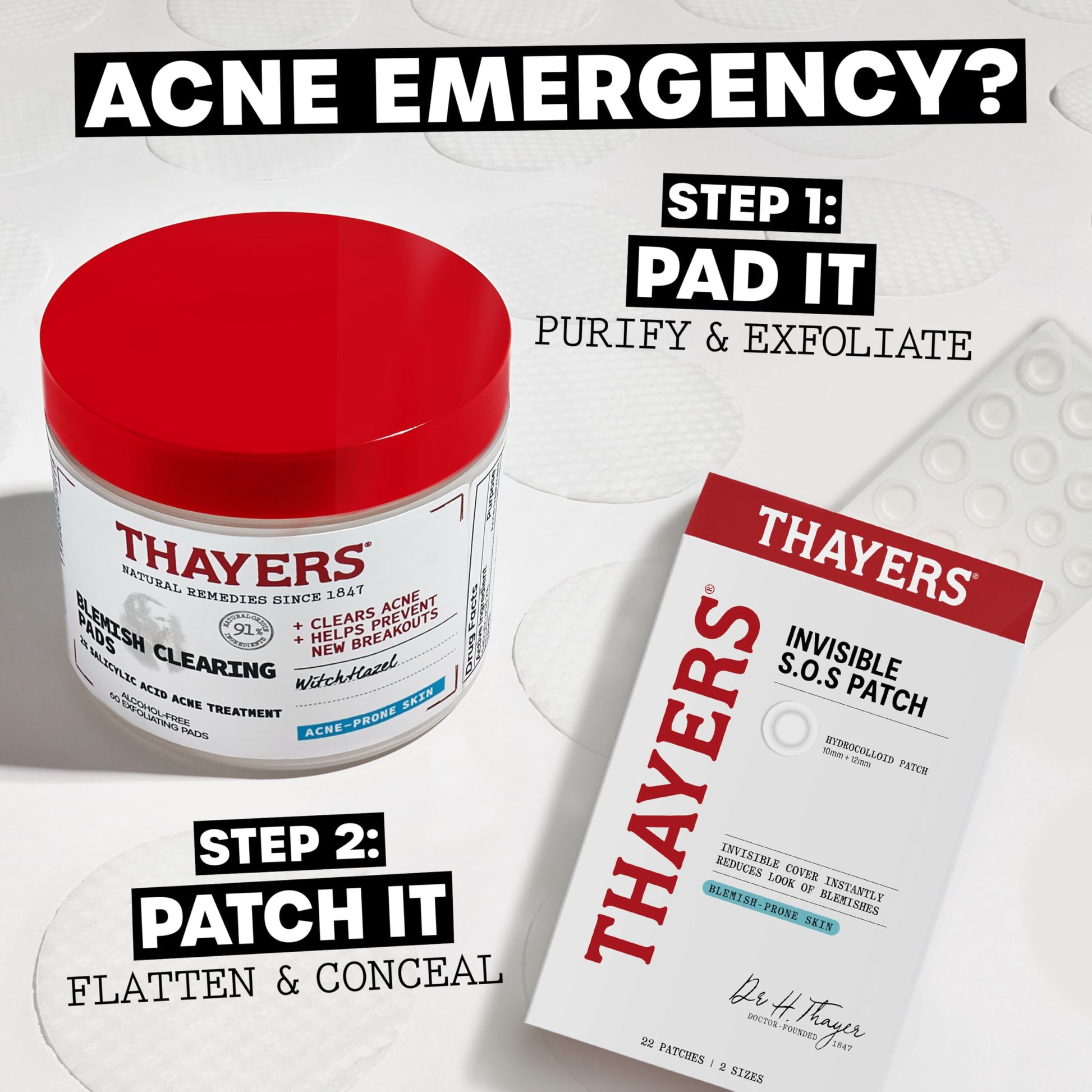 Lavender Thayers Blemish Clearing Acne Pads, Salicylic Acid Acne Treatment, Pore Reducing, Exfoliating, and Soothing Toner Pads, 60 Ct + Invisible S.O.S Hydrocolloid Acne Pimple Patch, Ultra-Thin, 22 Patches