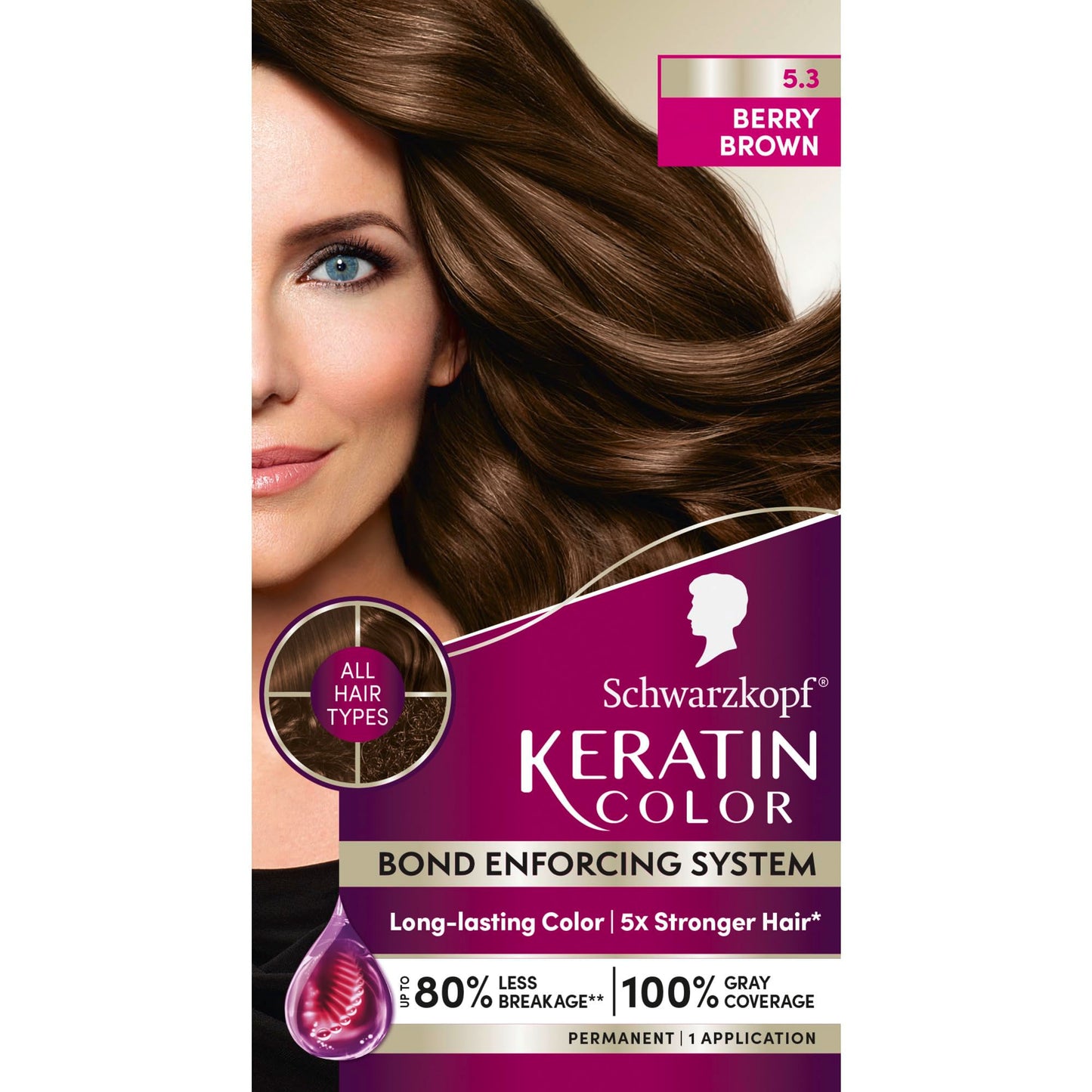 Black Schwarzkopf Keratin Permanent Hair Dye Cream, 5.3 Berry Brown, Professional Quality Color for Up to 100% Gray Coverage, Bond Enforcing System