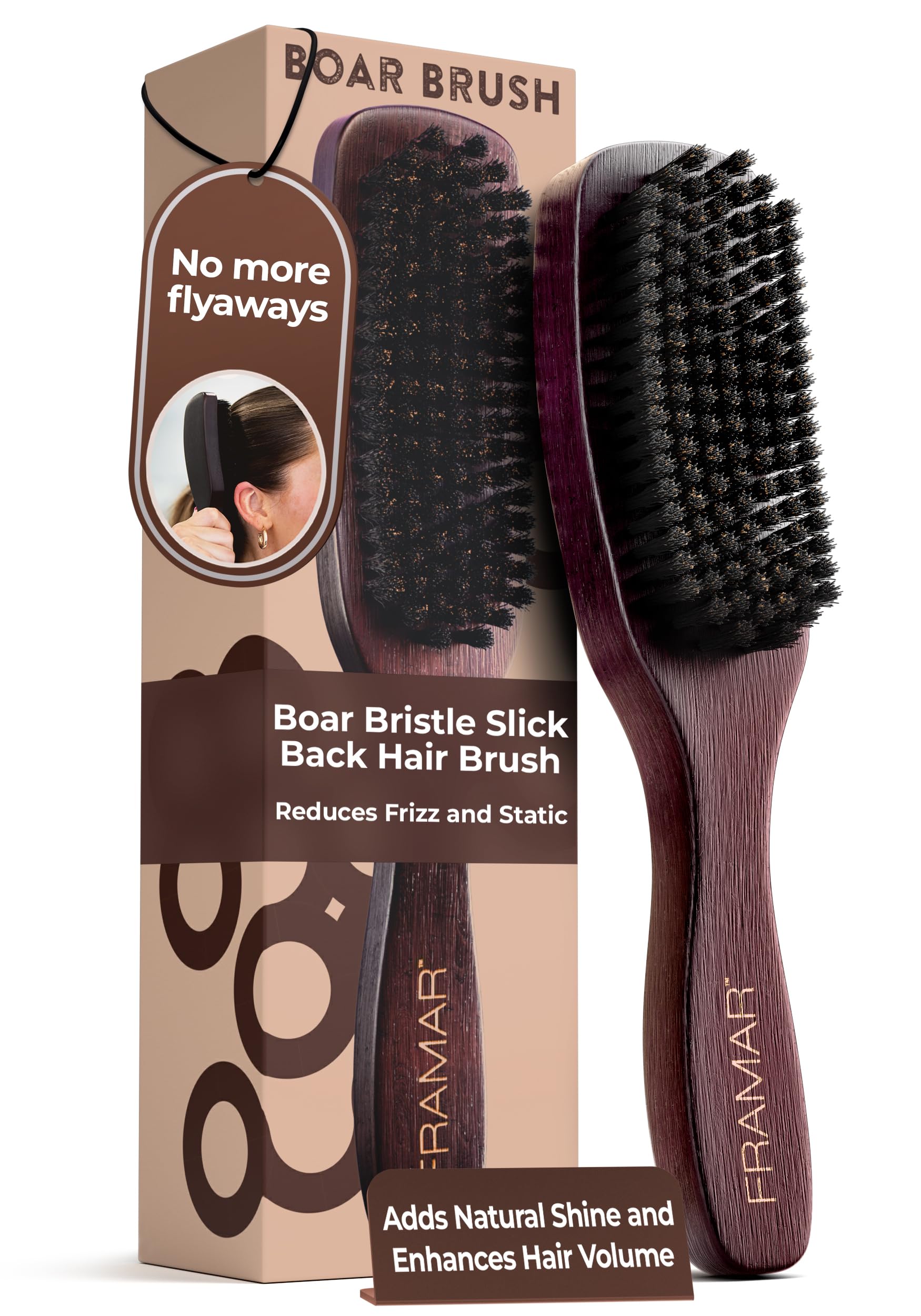 White Smoke FRAMAR Slick Back Hair Brush Boar Bristles – Slick Back Brush, Smoothing Hair Brush For Women, Boar Bristle Hair Brush For Fine Hair, Slickback Brush For Volume and Shine - Brown Velvet