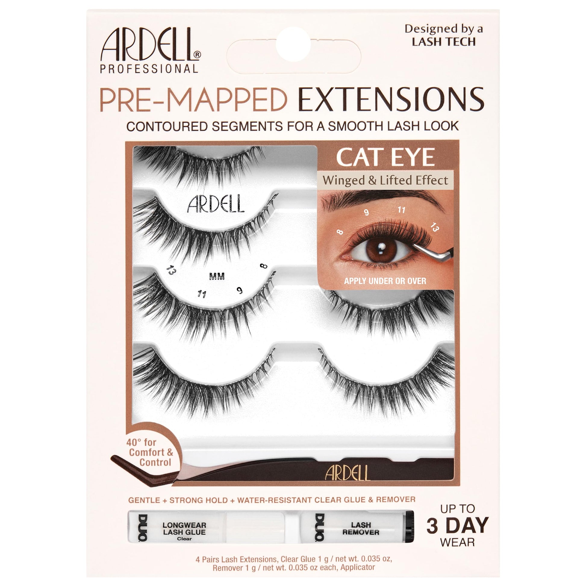 White Smoke Ardell Pre-Mapped Eyelash Extensions Kit - False Lashes Cat Eye, Reusable Segmented Lash Strips, Long-Lasting with Lash Glue and Remover, 4-Pack