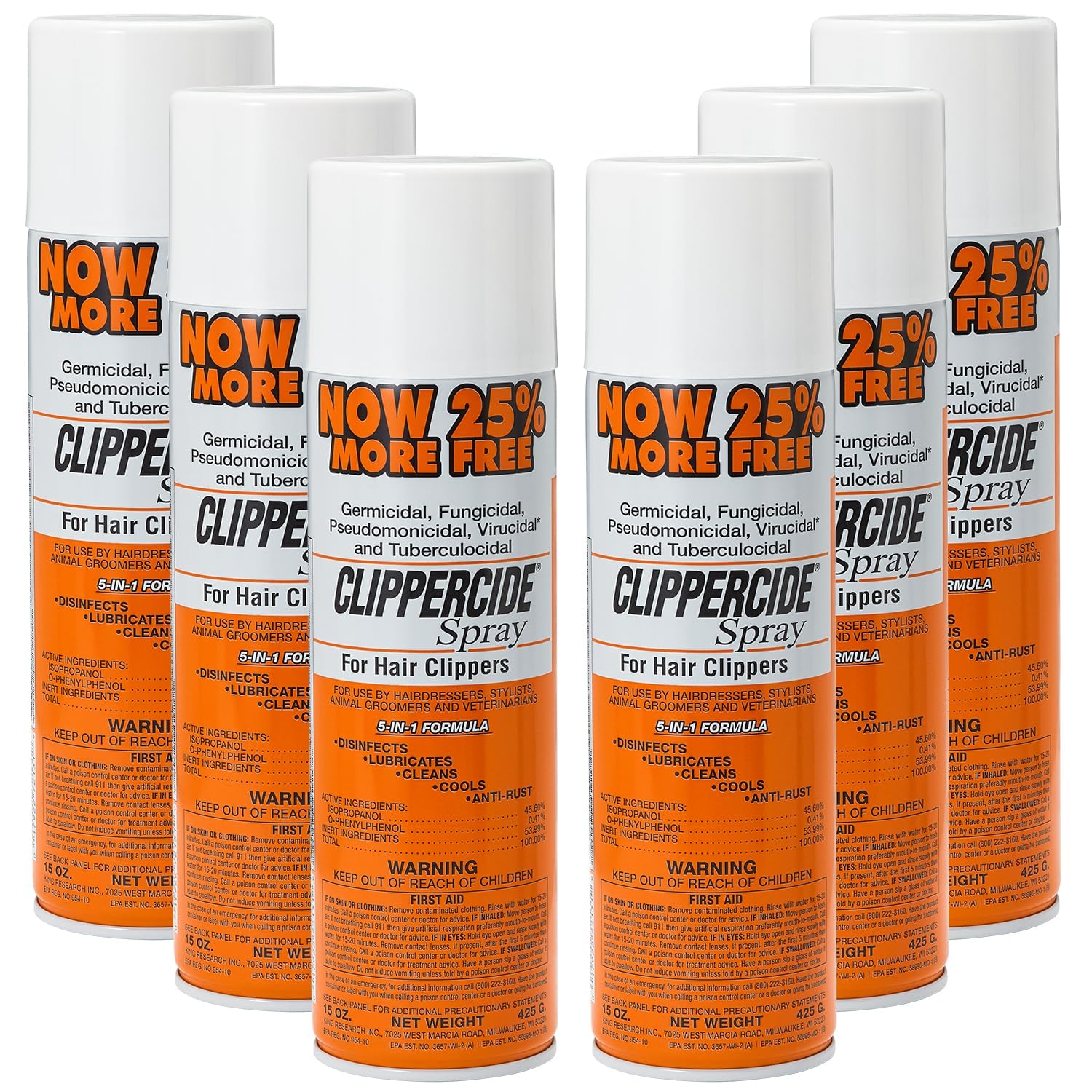 White Smoke CLIPPERCIDE 5-in-1 Clipper Disinfectant Spray 15oz, 6 Pack | Cleans, Lubricates, Cools, Prevents Rust & Disinfects | Professional Clipper Spray for Barbers, Stylists & Pet Groomers | Made by BARBICIDE