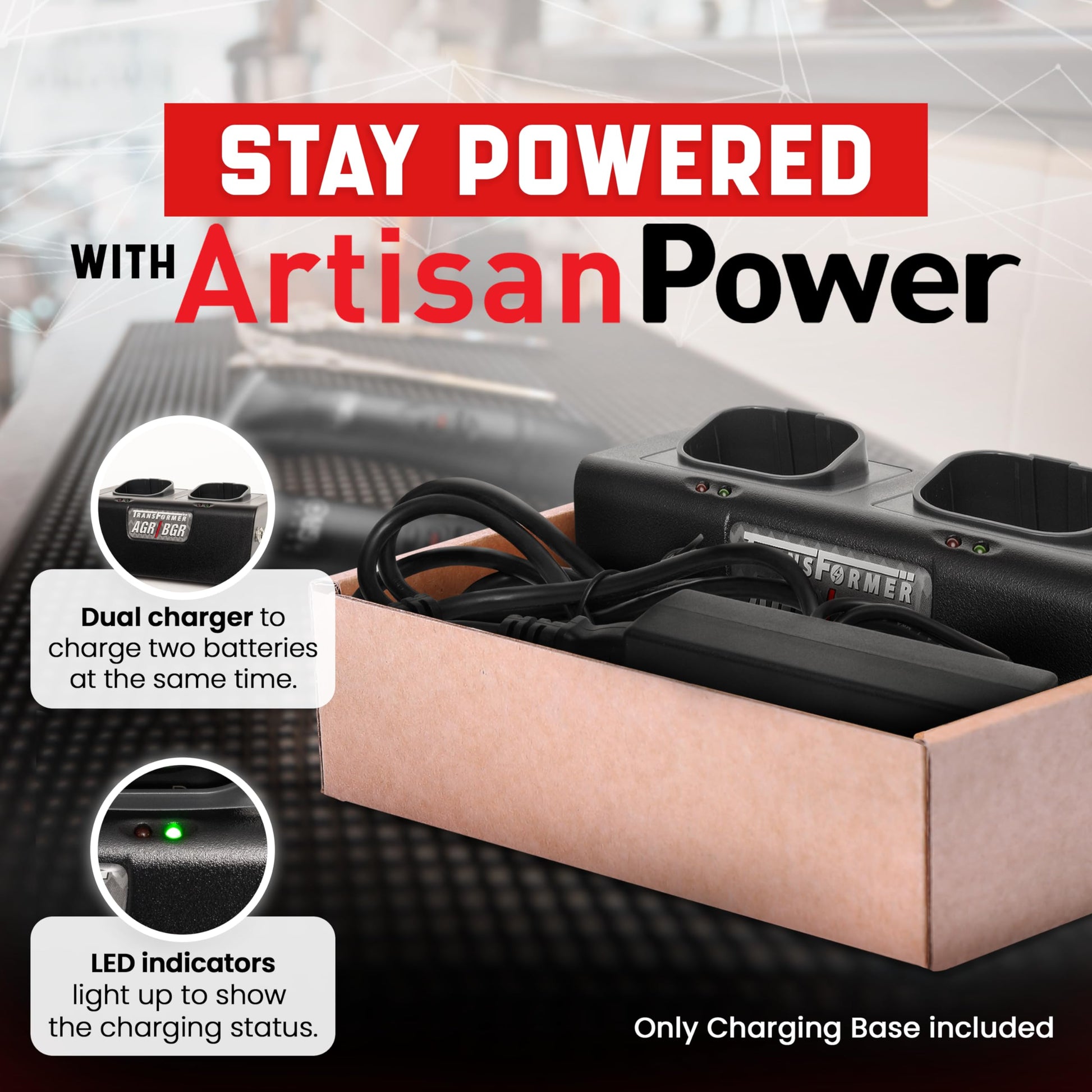 Black Artisan Power Dual Battery Charger for Andis PowerGroom | Best for AGR and BGR Series Clippers | Durable Connectors, LEDs Status and a Powerful DC Power Supply | Charges 2 Batteries at Once