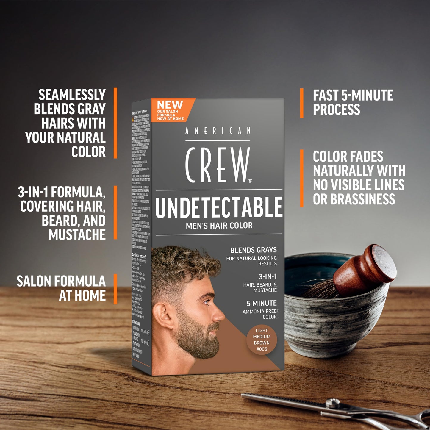 Dim Gray American Crew Undetectable Men's Hair Color |Light Medium Brown Demi-Permanent Hair Dye | Natural-Looking Gray Coverage for Men, 005 Light Medium Brown, 1 pack