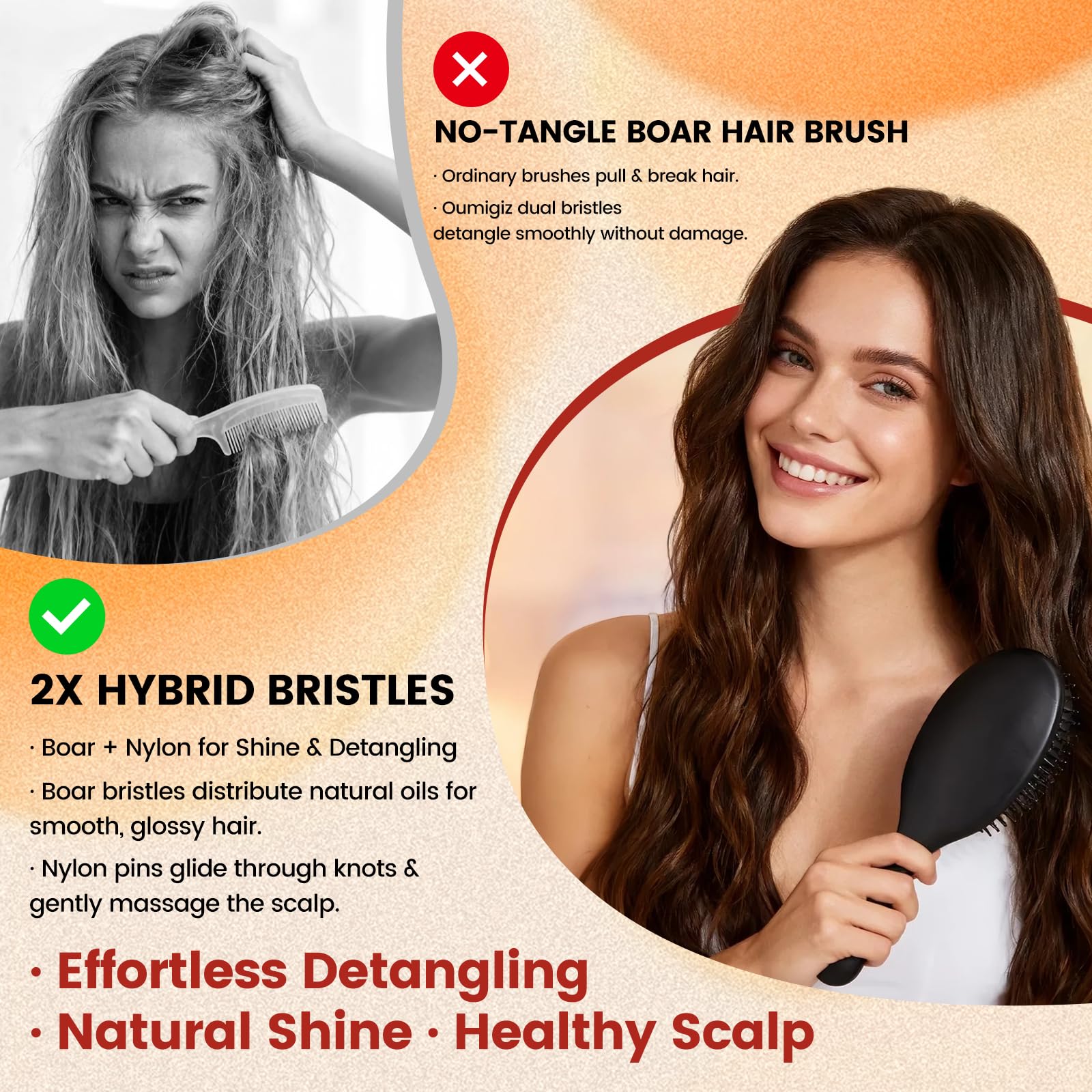 Antique White OUMIGIZ Boar Bristle Hair Brush Since 1965 British Craftsmanship, Handmade Natural Wood Slick Back Hairbrush, Soft Bristles Gentle Detangling Smoothing Women Men Kids Long Curly Thick,Thin, Fine Hair