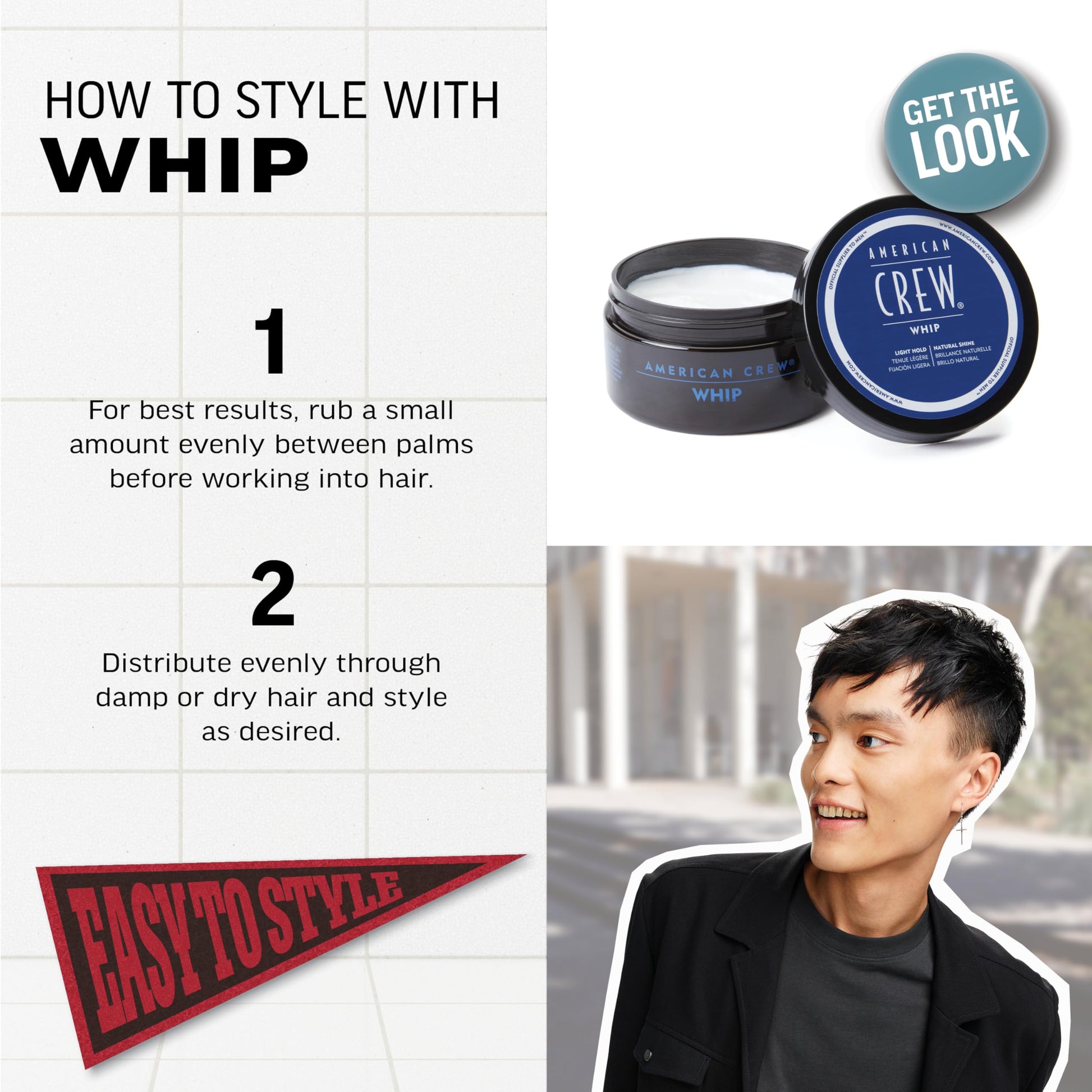White Smoke American Crew Men's Whip Styling Cream, Like Hair Gel with Light Hold & Natural Shine, 3 oz