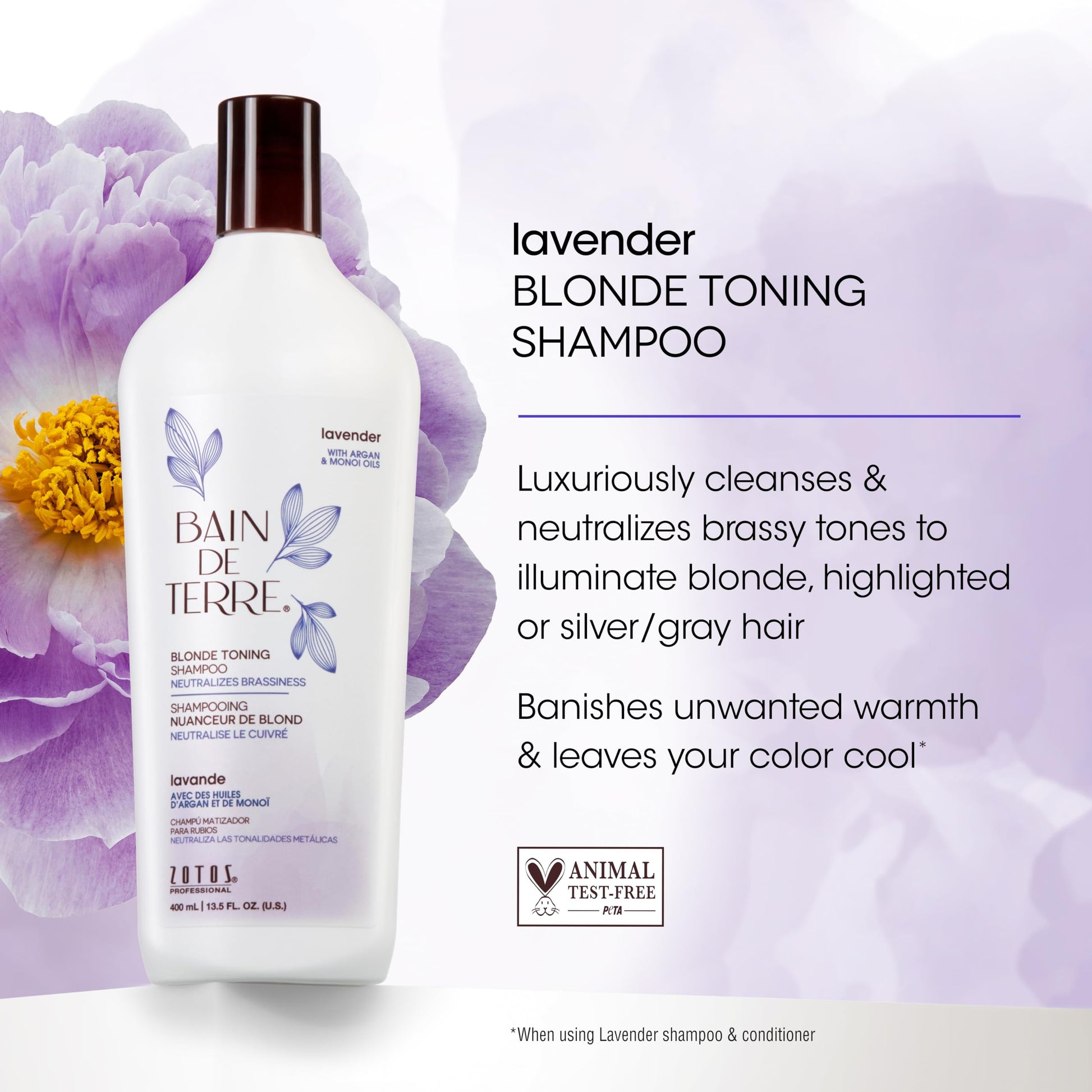 White Smoke Bain de Terre Lavender Blonde Toning Shampoo, Neutralize Brassy Tones for Cool Blonde, Highlighted or Gray Hair, with Argan & Monoi Oils, Paraben-Free, Vegan, 13.5 Fl Oz