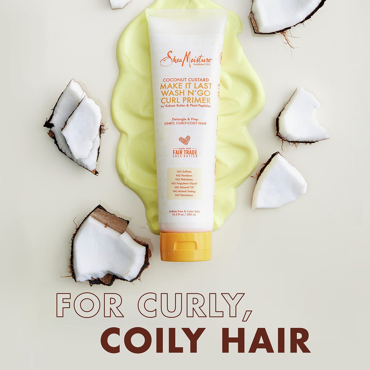 Light Gray SheaMoisture Coconut Custard Curl Defining Cream - Make It Last Wash N' Go Primer, Enhancer & Detangler for Wavy & Curly Hair, Organic Shea Butter, 10.3 Oz