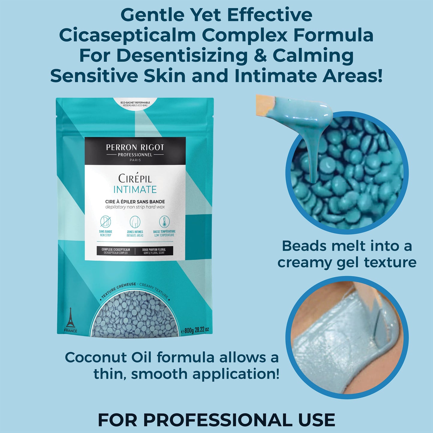 Light Blue Cirepil - Intimate - 800g / 28.22 oz Hard Wax Beads Bag - With Cicasepticalm & Coconut Oil - Specialized for Brazilian & Bikini Waxing - Creamy Anti-Bump Hair Removal for Sensitive Areas - Refill Bag
