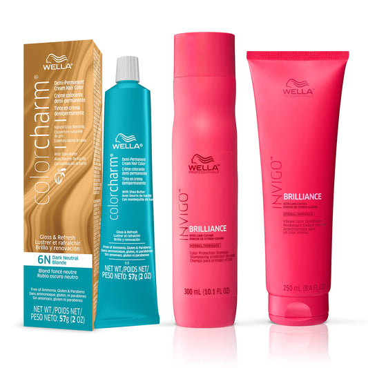 White Smoke Wella Professionals Invigo Brilliance Color Protection Shampoo & Conditioner, For Fine Hair + Wella ColorCharm Demi Permanent Hair Color, 6N Dark Neutral Blonde