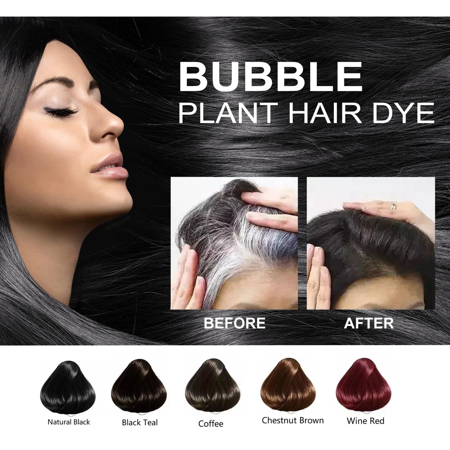 Black Plant Extract Hair Dye Foam Shampoo for Grey Hair Color, Natural Dyeing for Women and Men (BLACK)