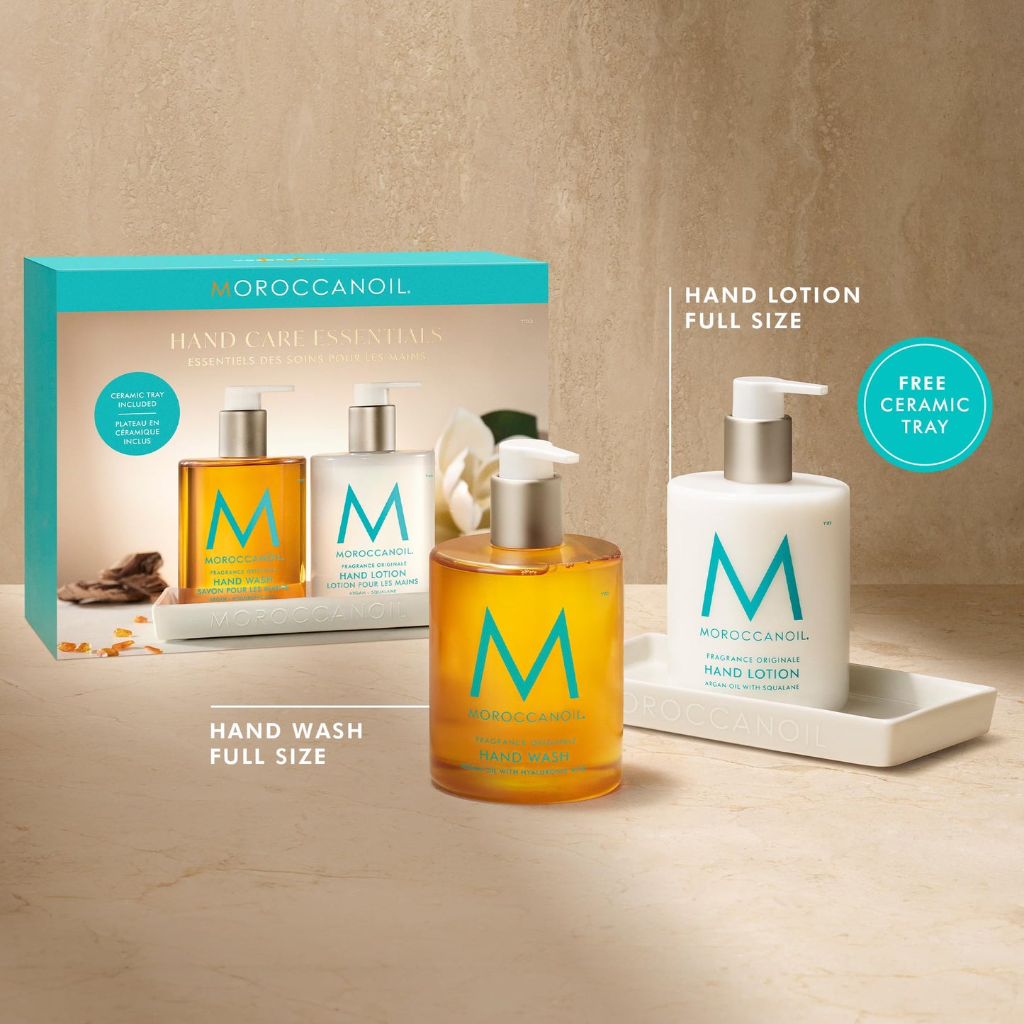 Tan Moroccanoil Hand Care Essentials Set | Hand Wash & Lotion Duo With Ceramic Tray