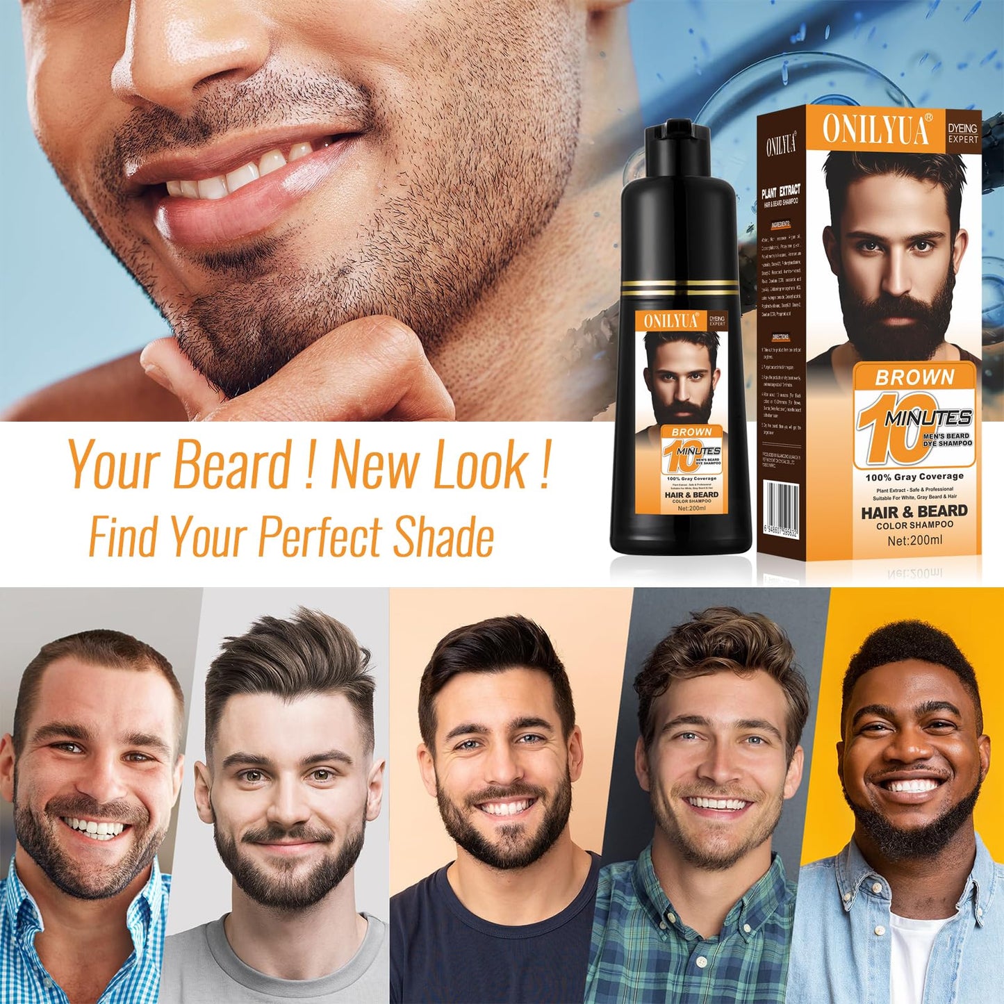 White Smoke Men's Beard Dye, Brown Beard Dye Shampoo for Gray Hair Coverage, Root Touch Up, 3 in 1 Simpler Hair Color for Men, Long Lasting Hair Dye Shampoo for Beard & Mustache, 200 ml
