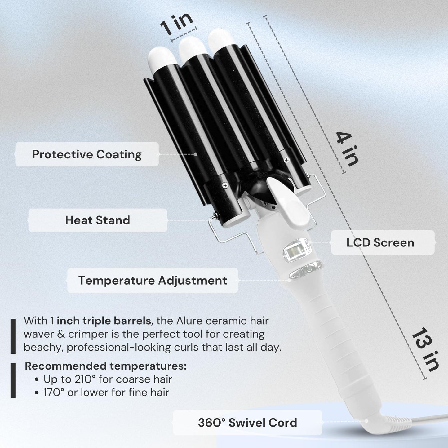 Light Gray Alure Three Barrel Curling Iron Wand Hair Waver with LCD Temperature Display - 1 Inch Ceramic Tourmaline Triple Barrels, Dual Voltage Crimp (Black/White)