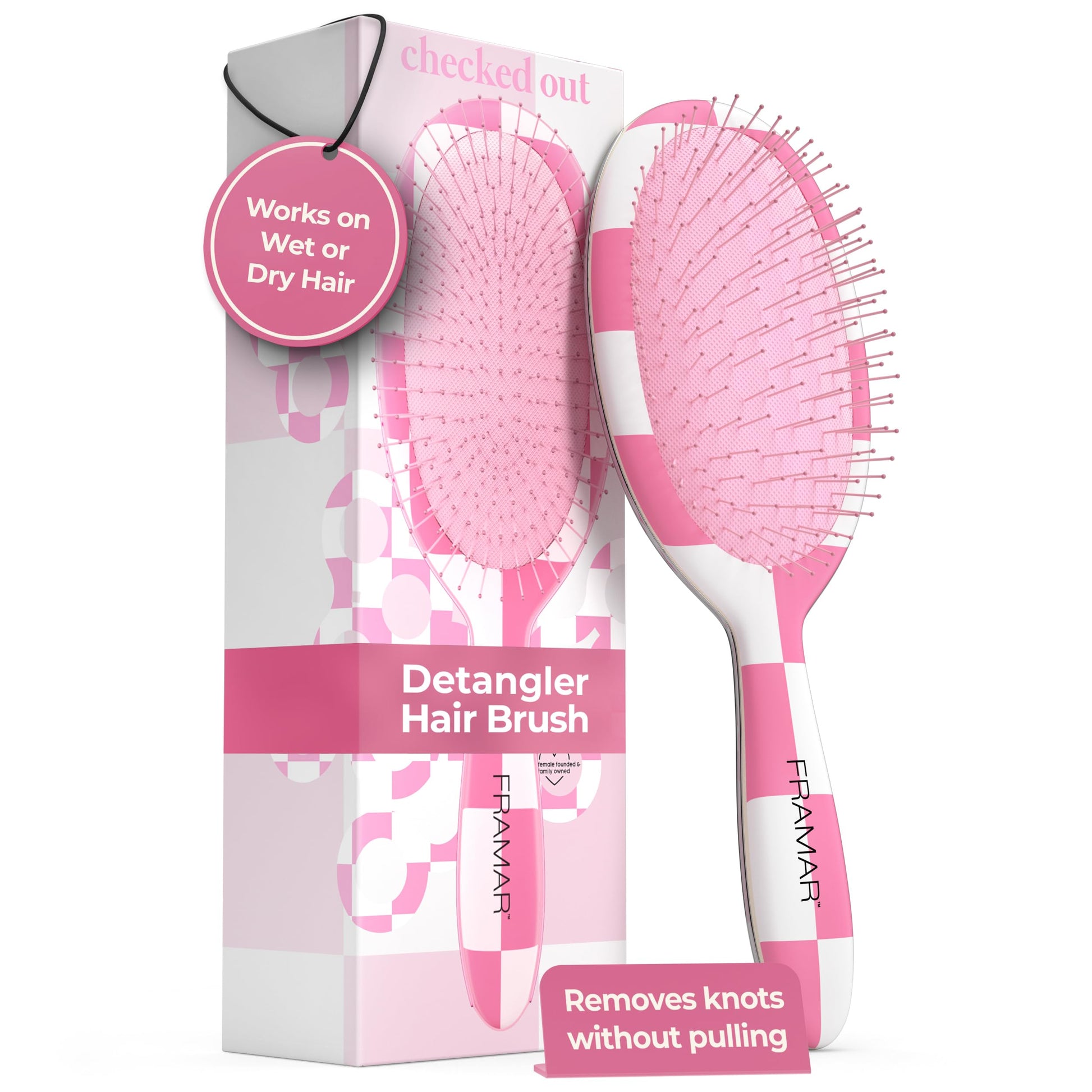 White Smoke FRAMAR Checkered Hair Brush Detangler – Wet Hair Brushes For Women, Womens Hair Brush, Hair Accessories, Hairbrush For Women, Cepillos Para Cabello, Reduces Breakage – Detangle Brush - Pink