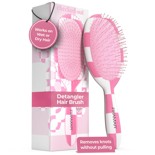 White Smoke FRAMAR Checkered Hair Brush Detangler – Wet Hair Brushes For Women, Womens Hair Brush, Hair Accessories, Hairbrush For Women, Cepillos Para Cabello, Reduces Breakage – Detangle Brush - Pink
