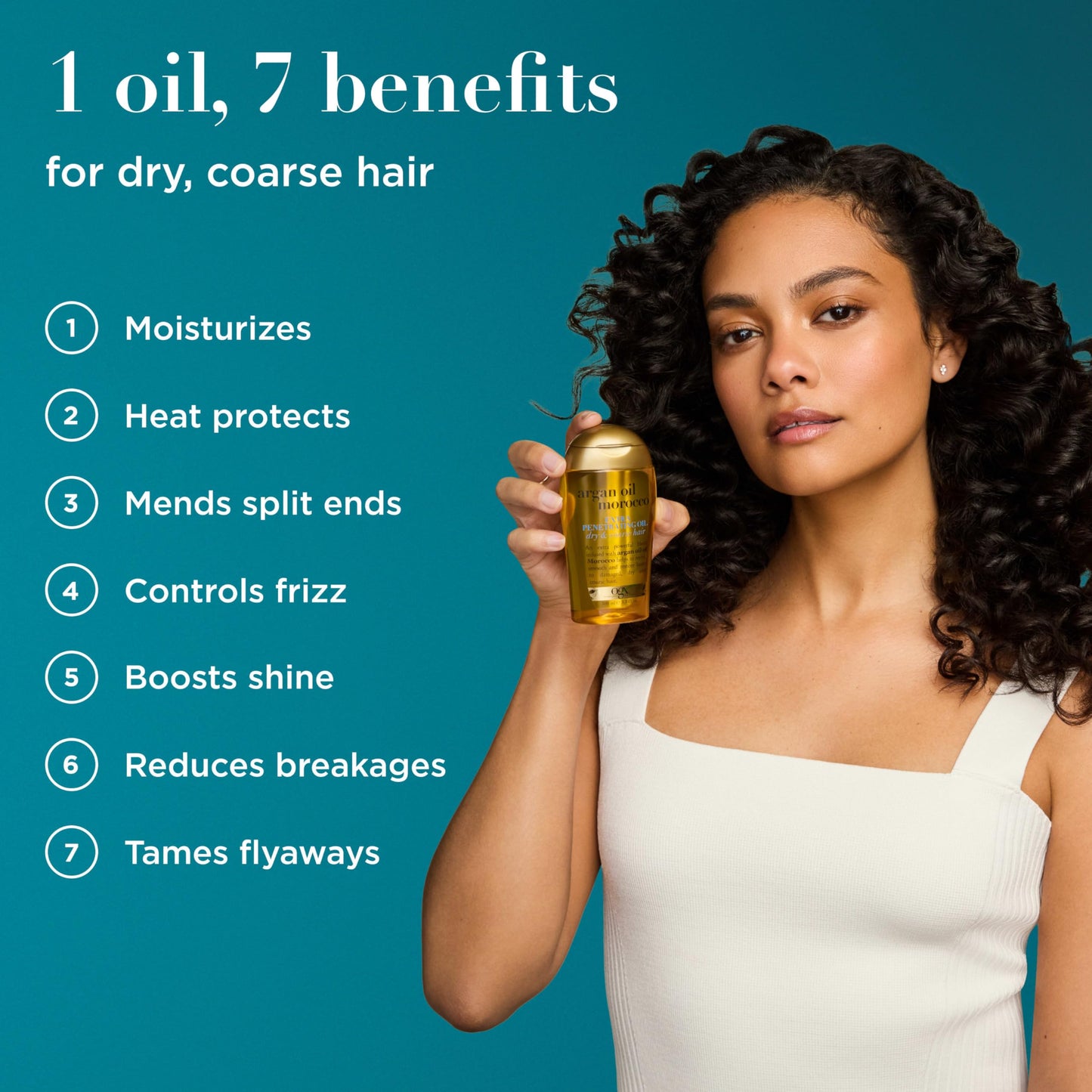Dark Cyan OGX Renewing + Argan Oil of Morocco Hair Oil, Extra Strength Penetrating Serum Treatment for Dry, Damaged, Frizzy, Curly & Coarse Hair, Cold-Pressed Argan Oil, Shine, 3.3 Fl Oz