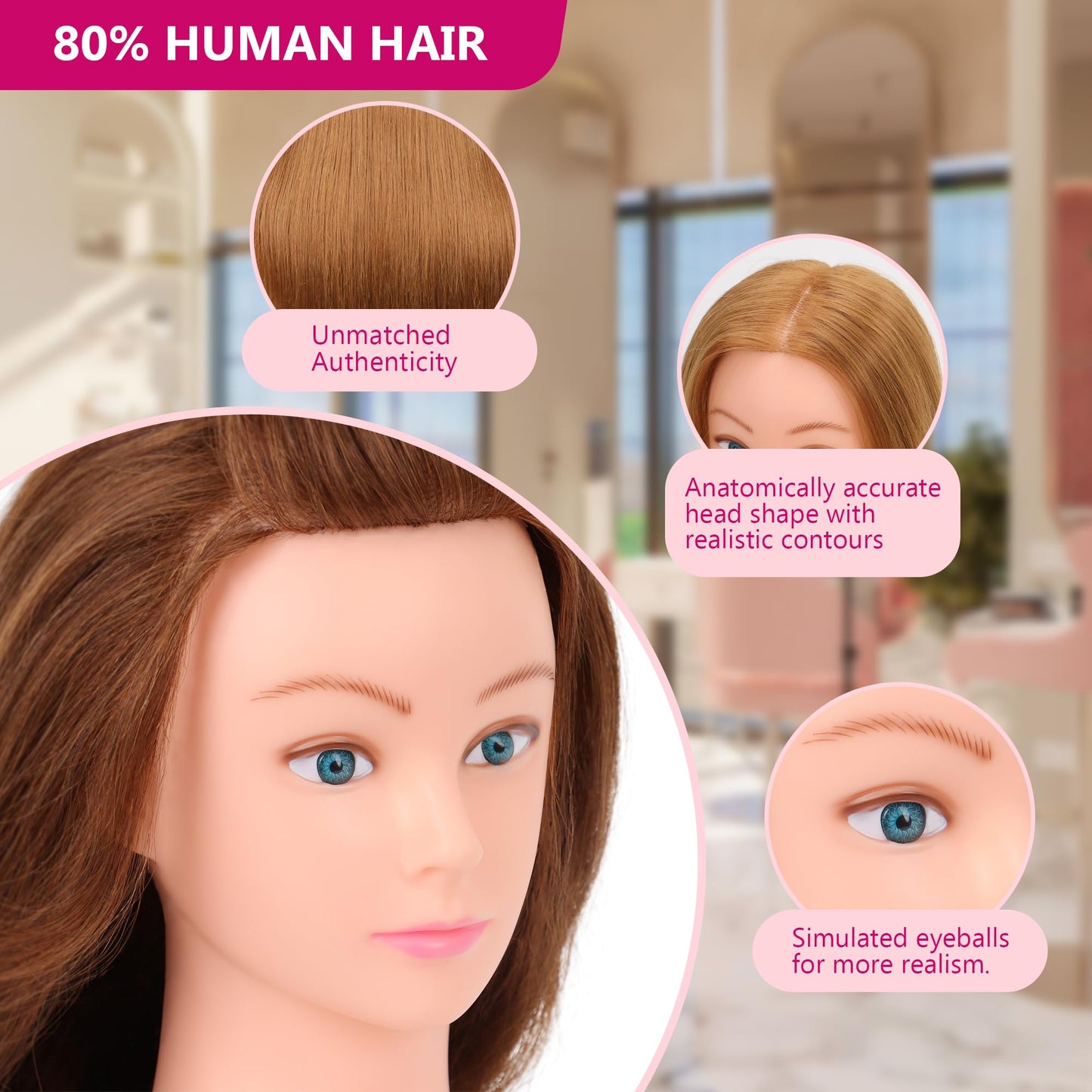 Peach Puff Mannequin Head Human Hair for Cosmetology - Manikin Head With 80% Human Hair for Styling Practice, Manikin Practice Head Hairdresser With Free Clamp Holder (#27-UB)
