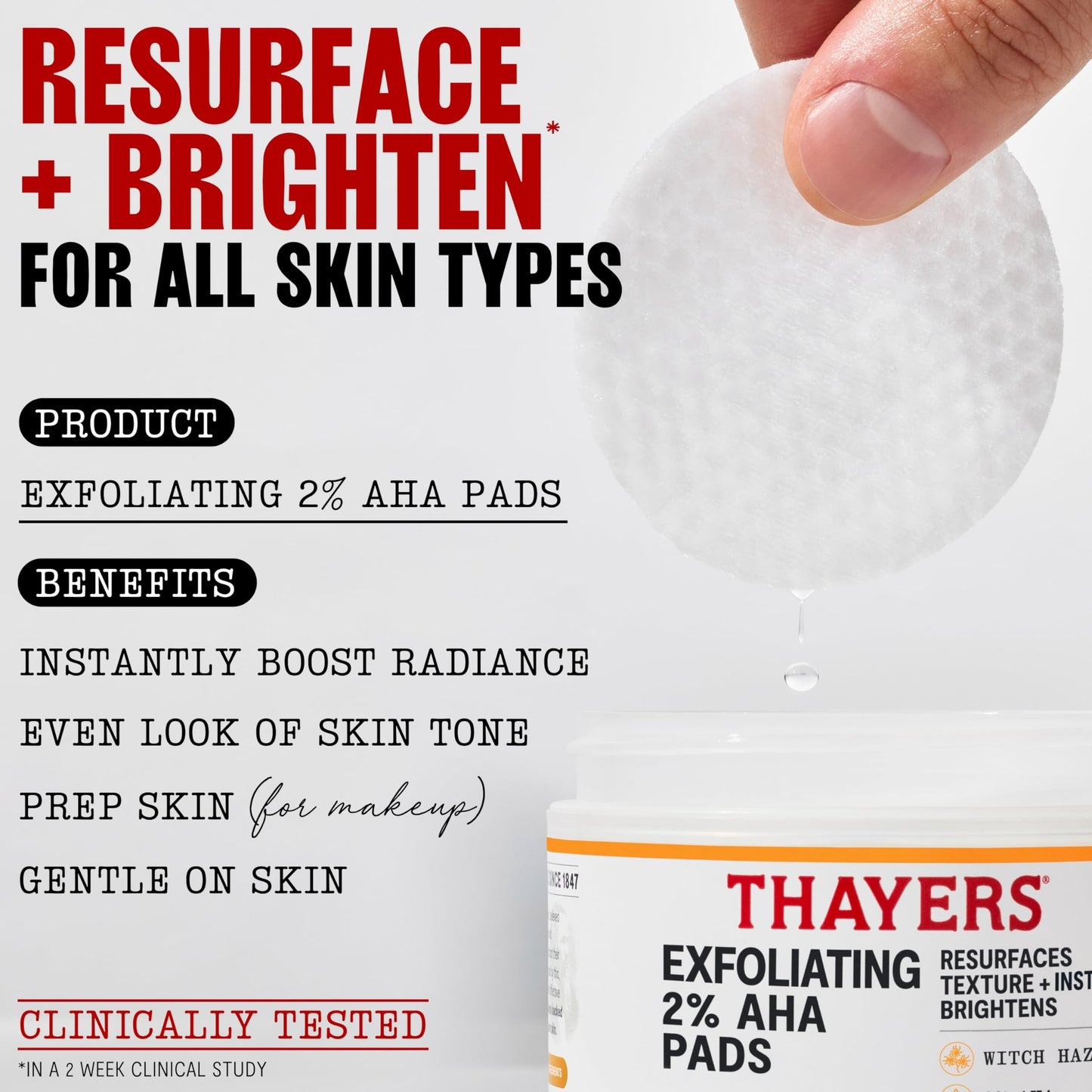 Lavender Thayers Exfoliating 2% AHA Toner Pads, Dual-Sided Exfoliating Pads with Witch Hazel, Glycolic Acid and Lactic Acid to Resurface Skin Texture and Instantly Brighten, For All Skin Types, 60 Count