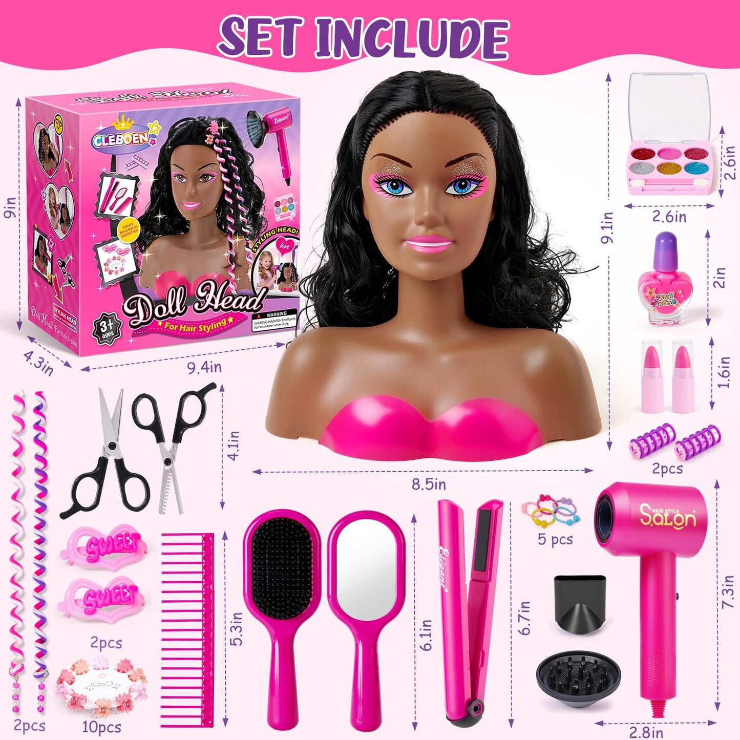 Lavender Blush Cleboen Hair Styling Doll Head Makeup Kit for Girls Toys, 35PCS Kids Hair Salon Pretend Playset with Hairdryer Straightener Headwears & Real Makeup Nail Polish, Birthday Gifts for Girls 3 4 5 6 7 8+