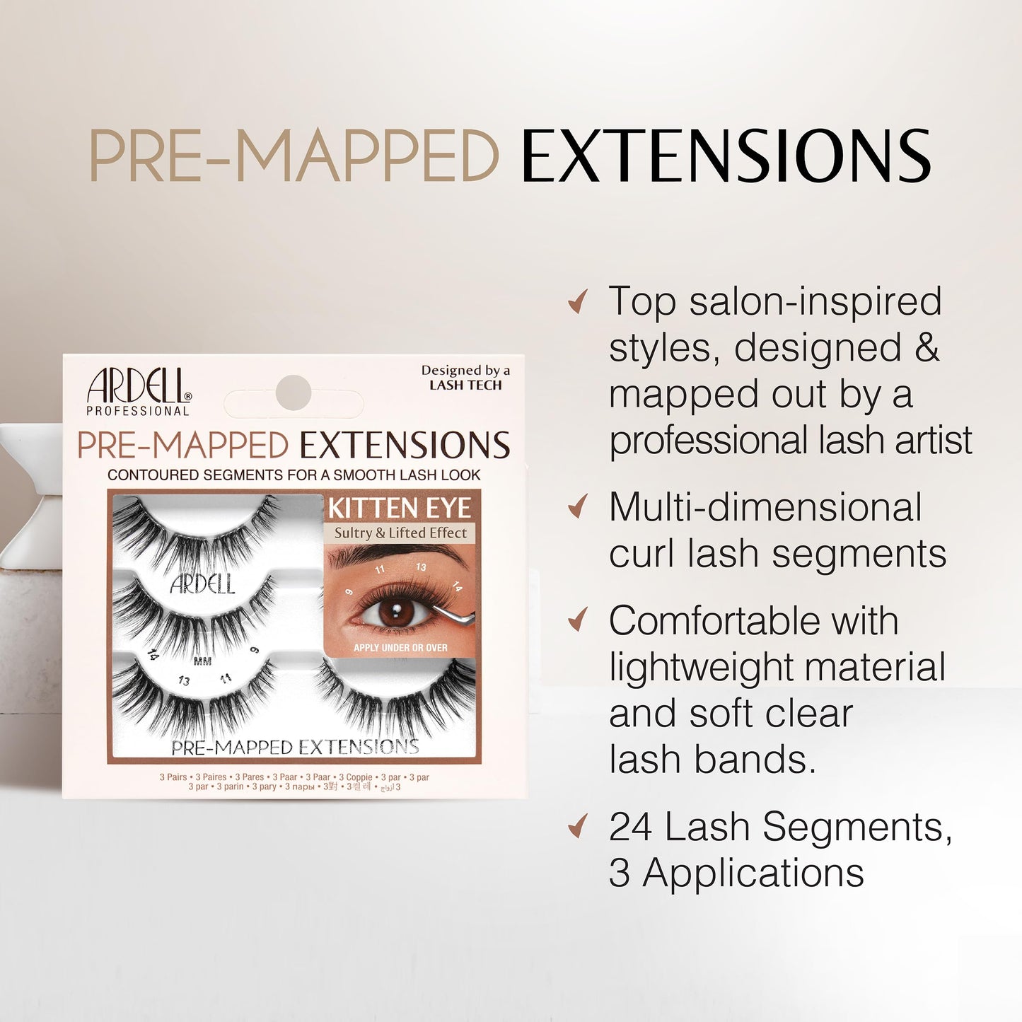 Lavender Ardell Pre-Mapped Eyelash Extensions - False Lashes Kitten Eye, Reusable Segmented Lash Strips, Natural-Looking Lash Extensions, 3 Pack