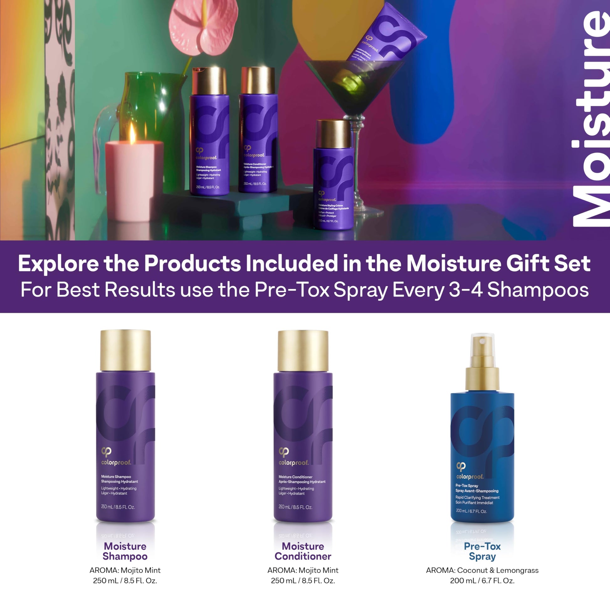 White Smoke Colorproof Moisture Haircare Gift Set Bundle - Shampoo (8.5Fl Oz.), Conditioner (8.5FL. Oz.) & Pre-Tox Spray (6.7FL. Oz.) for Color-Treated Hair