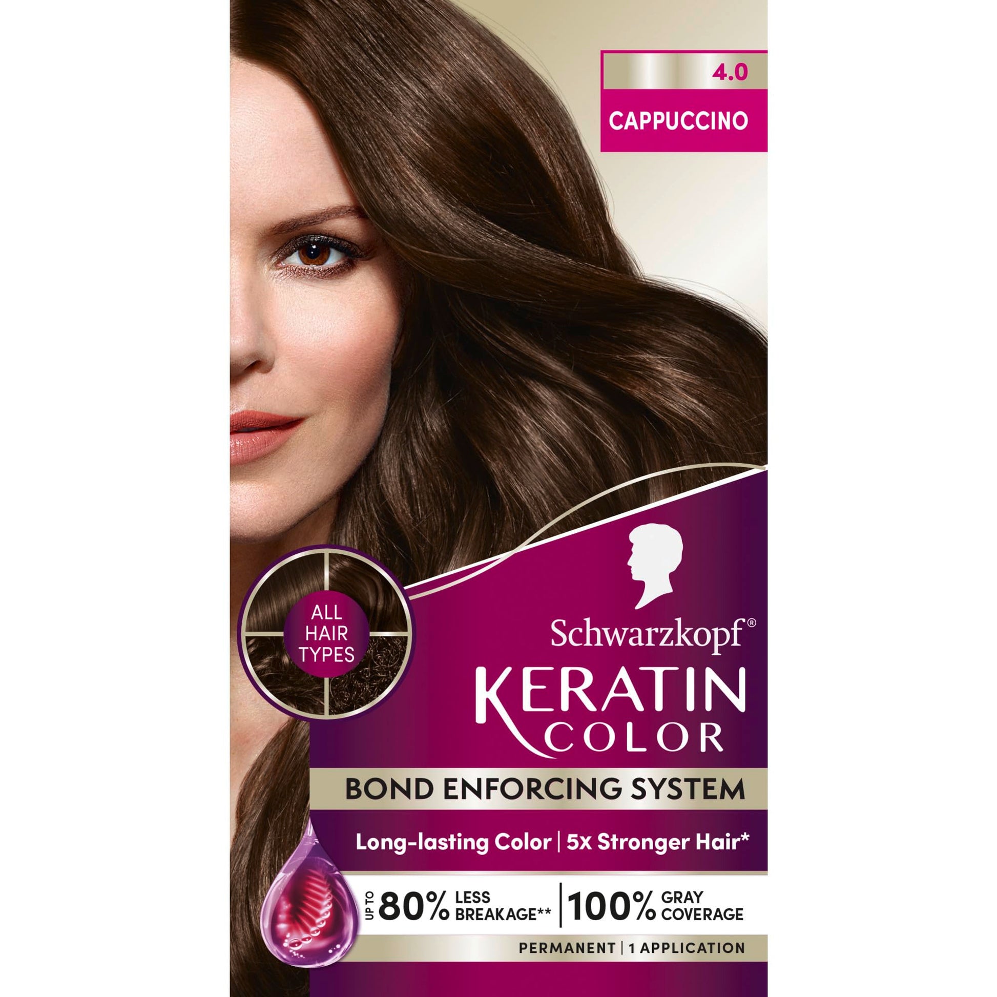 Black Schwarzkopf Keratin Permanent Hair Dye Cream, 4.0 Cappuccino, Professional Quality Color for Up to 100% Gray Coverage, Bond Enforcing System