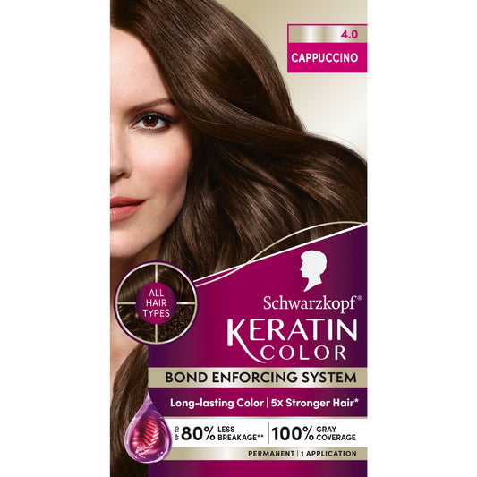 Black Schwarzkopf Keratin Permanent Hair Dye Cream, 4.0 Cappuccino, Professional Quality Color for Up to 100% Gray Coverage, Bond Enforcing System