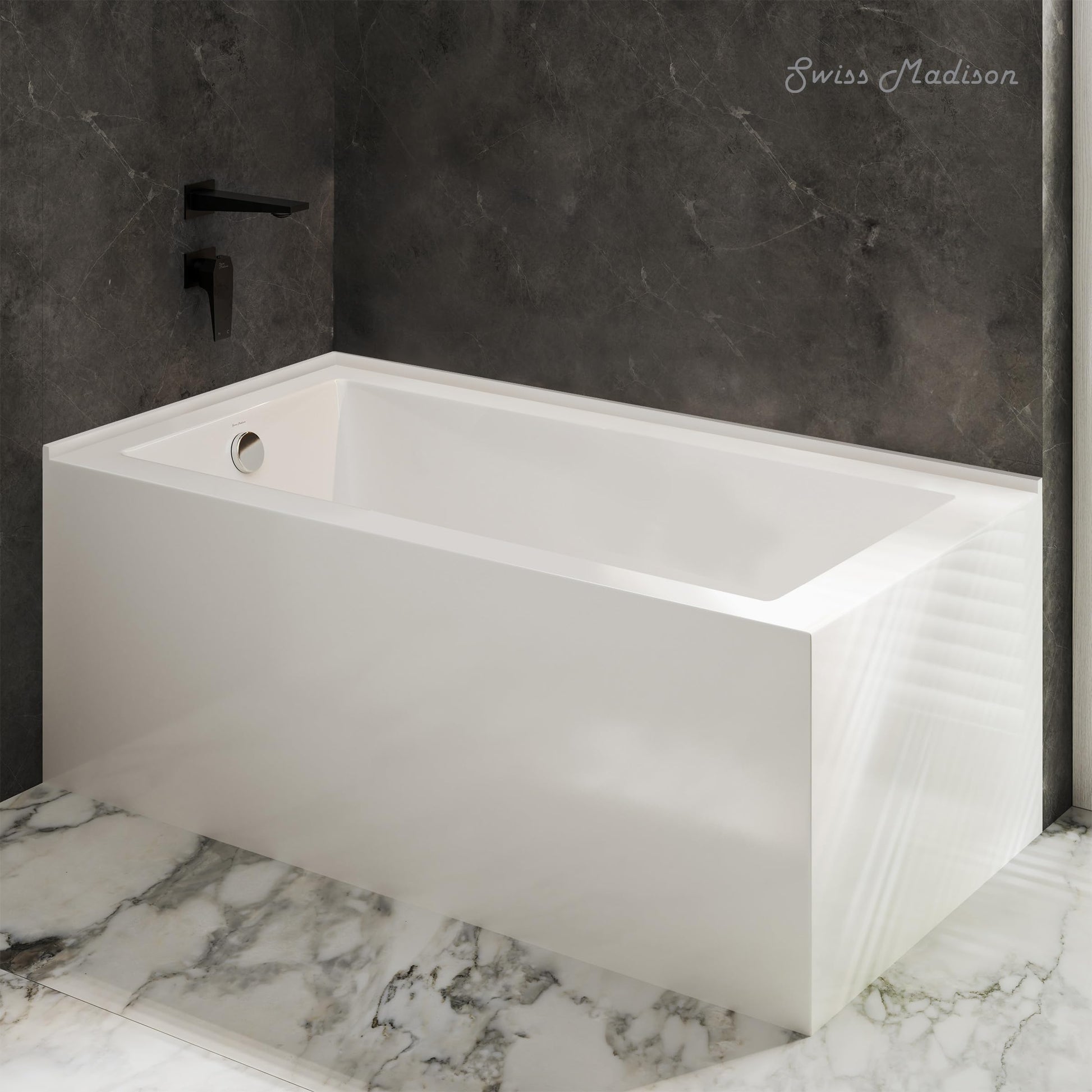 Dark Slate Gray Swiss Madison Voltaire 72 x 36 Left Drain Soaking Alcove Corner Apron Bathtub in Glossy White