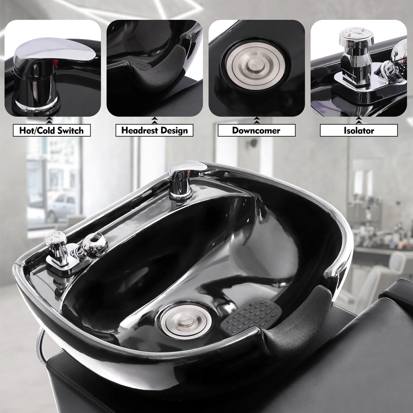 Black KIGOTY Shampoo Backwash Unit, Shampoo Bowl and Chair Set with Ceramic Sink, Reclining Shampoo Station with Footrest, Backwash Barber Chair for Salon Spa, Black