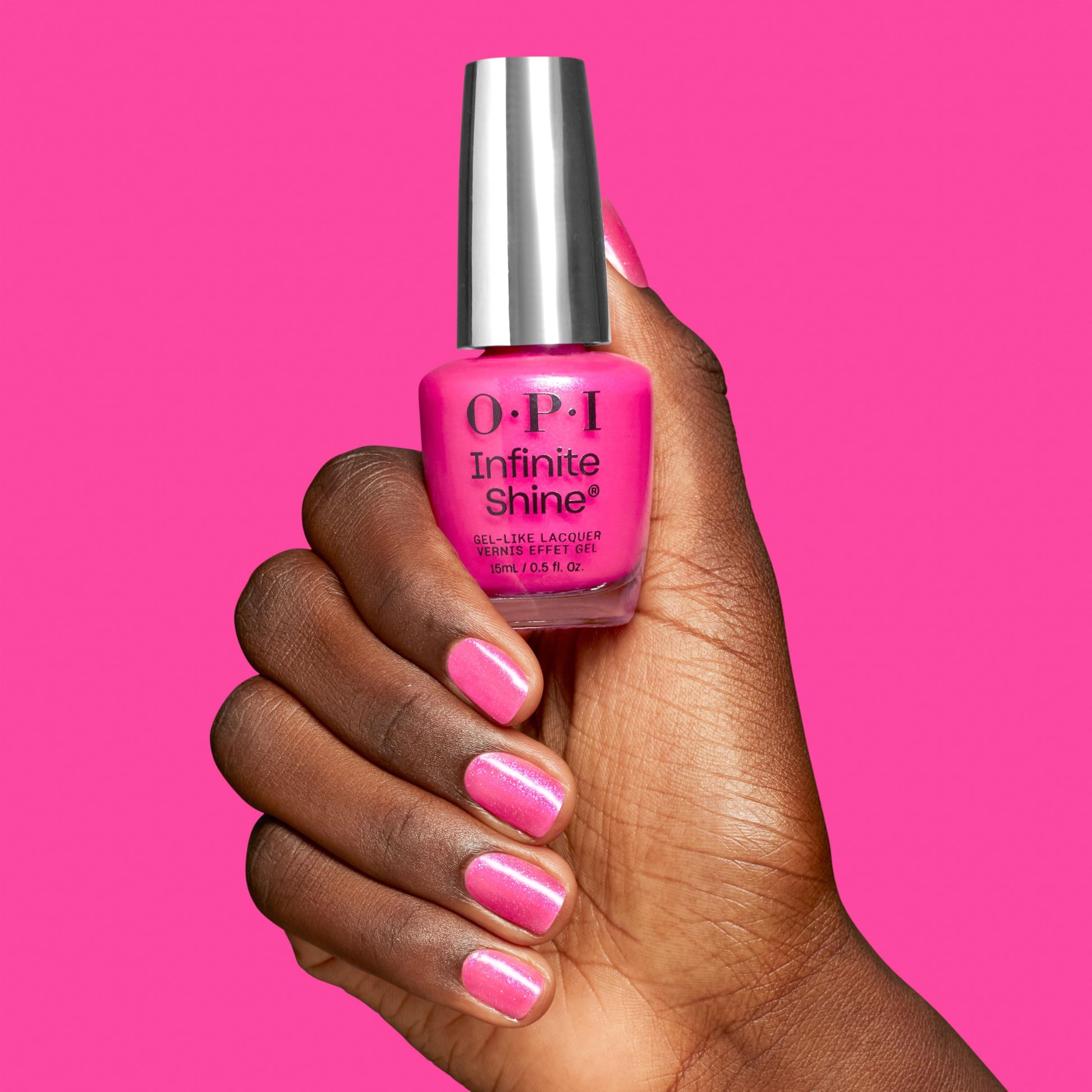 Hot Pink OPI Infinite Shine I’m Not Really an Influencer | Semi-Sheer Bright Neutral Pink Fuchsia with Glitter Long Wear Nail Polish | The New OPIcons Collection | Spring 2026