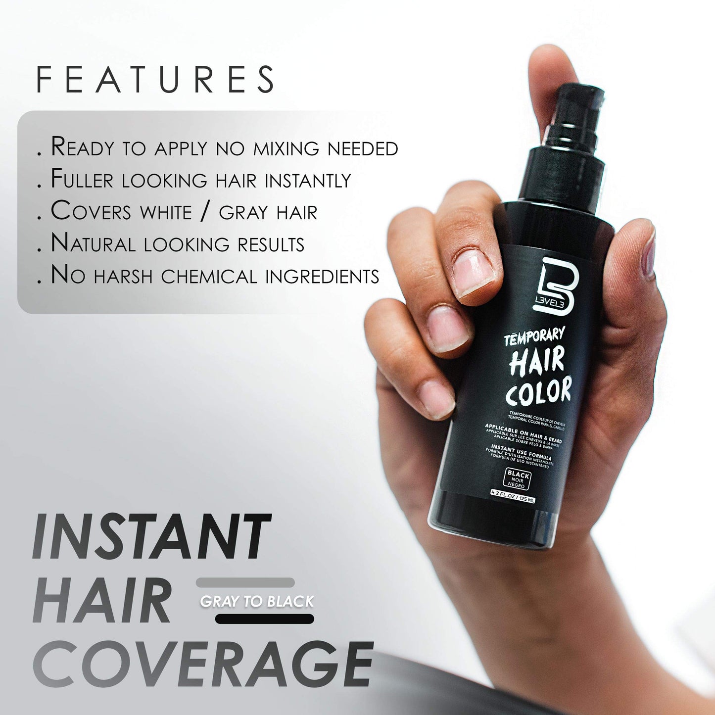 White Smoke L3 - Temporary Beard Color - Full Beard in Minutes - Easy to Apply and No Mixing Required - Level 3 Natural Looking Black Dye