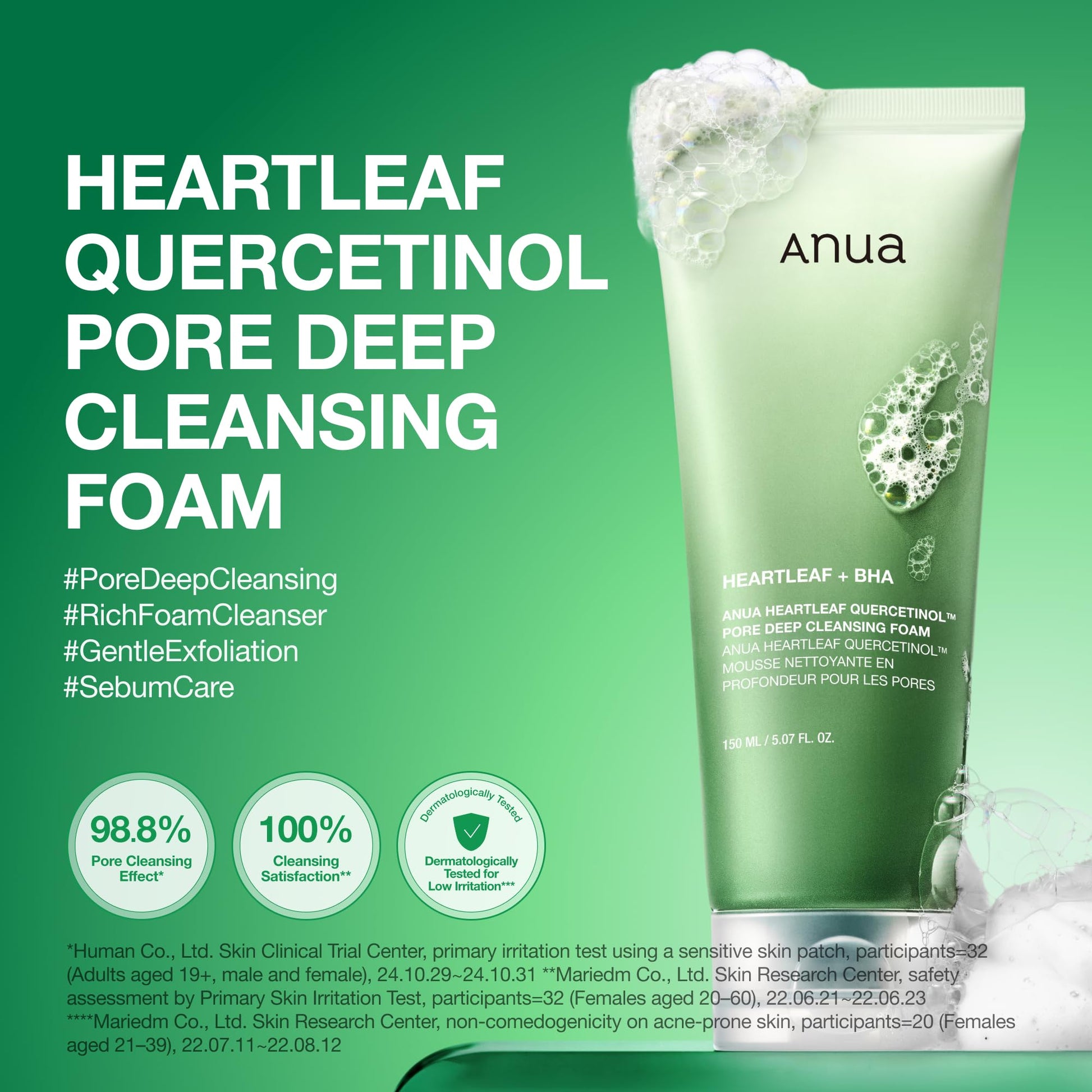 Medium Sea Green Anua Heartleaf Quercetinol Pore Deep Cleansing Foam, Face wash for Pore Refining Cleanser, Hydrating Daily Facial Cleanser For Double Cleansing, Gentle Foaming with BHA, Korean Skincare, 5.07 fl.oz.