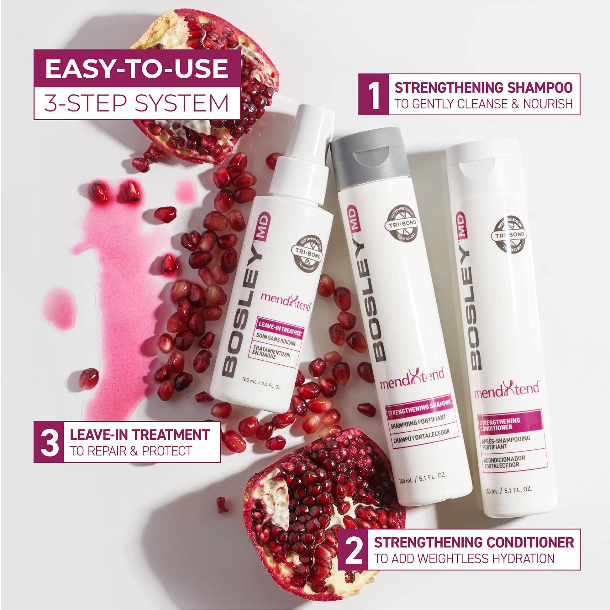 Lavender BosleyMD MendXtend Hair Strengthening System Kit – Shampoo, Conditioner & Leave-In Treatment with Biotin, DHT Blockers & Tri-Bond Technology – Anti-Breakage, Thickening & Hair Growth Support