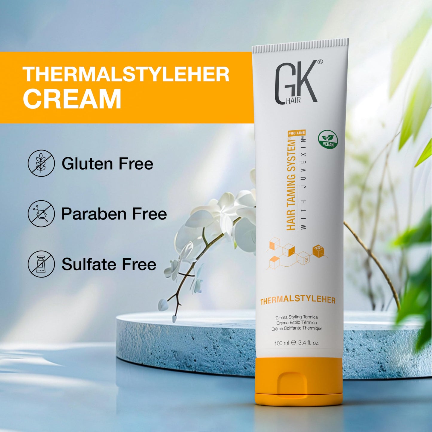 Gray GK HAIR Thermastylher Cream 3.4 oz – Heat Protectant Styling Cream, Blow Dry Cream for Frizz Control, Smooth & Strengthen Hair, Heat Protection for All Hair Types