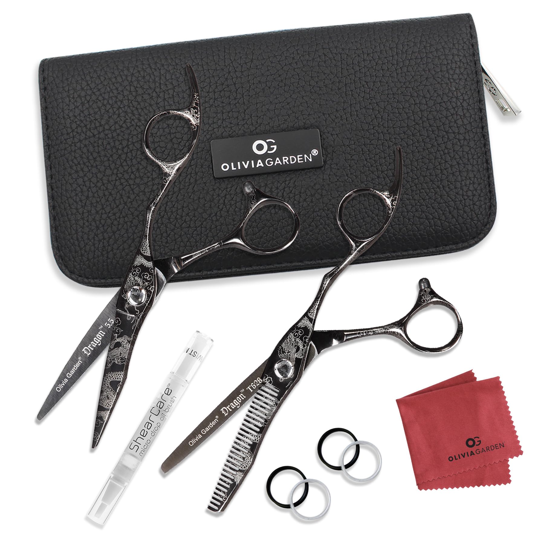 White Smoke Olivia Garden Dragon Shears Kit - Includes Professional Hair Cutting 5.5" Shear, 6" Thinner, Case, and Accessories - Razor Sharp Scissors - DR-55, DR-T628