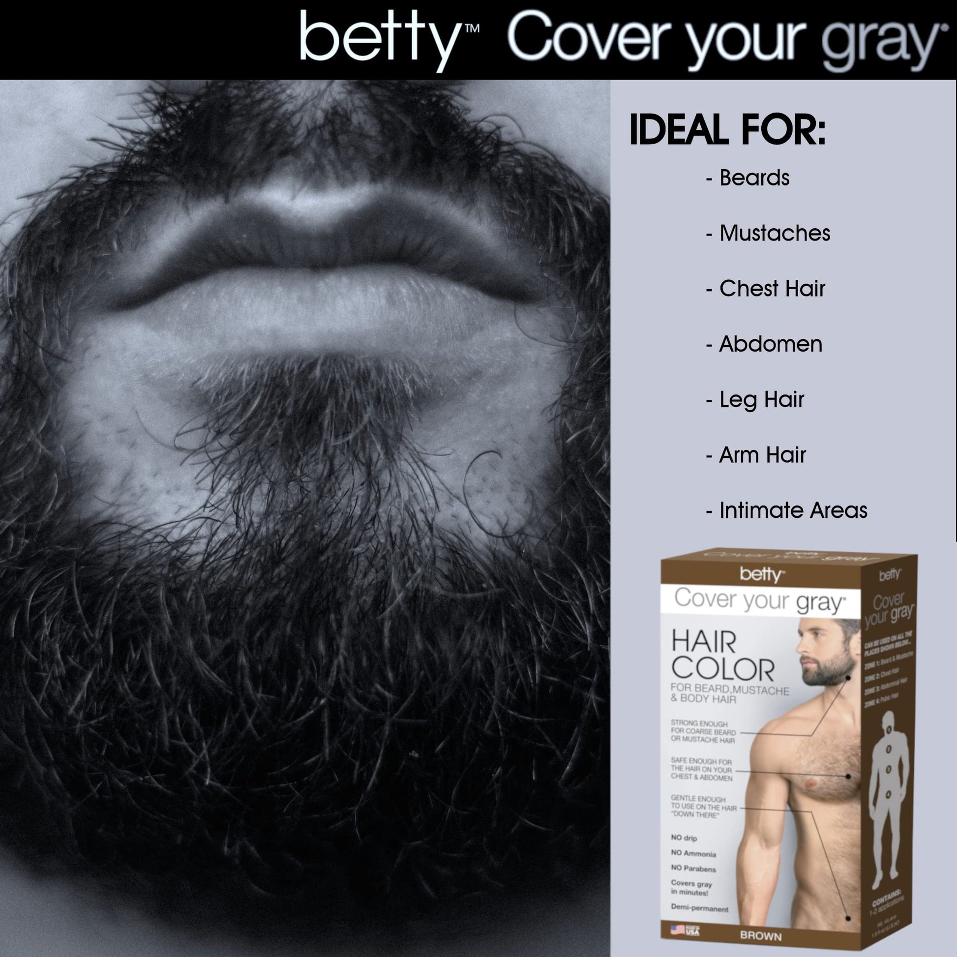 Black Betty Cover Your Gray Mens Hair Color for Beard, Mustache & Body Hair - Brown