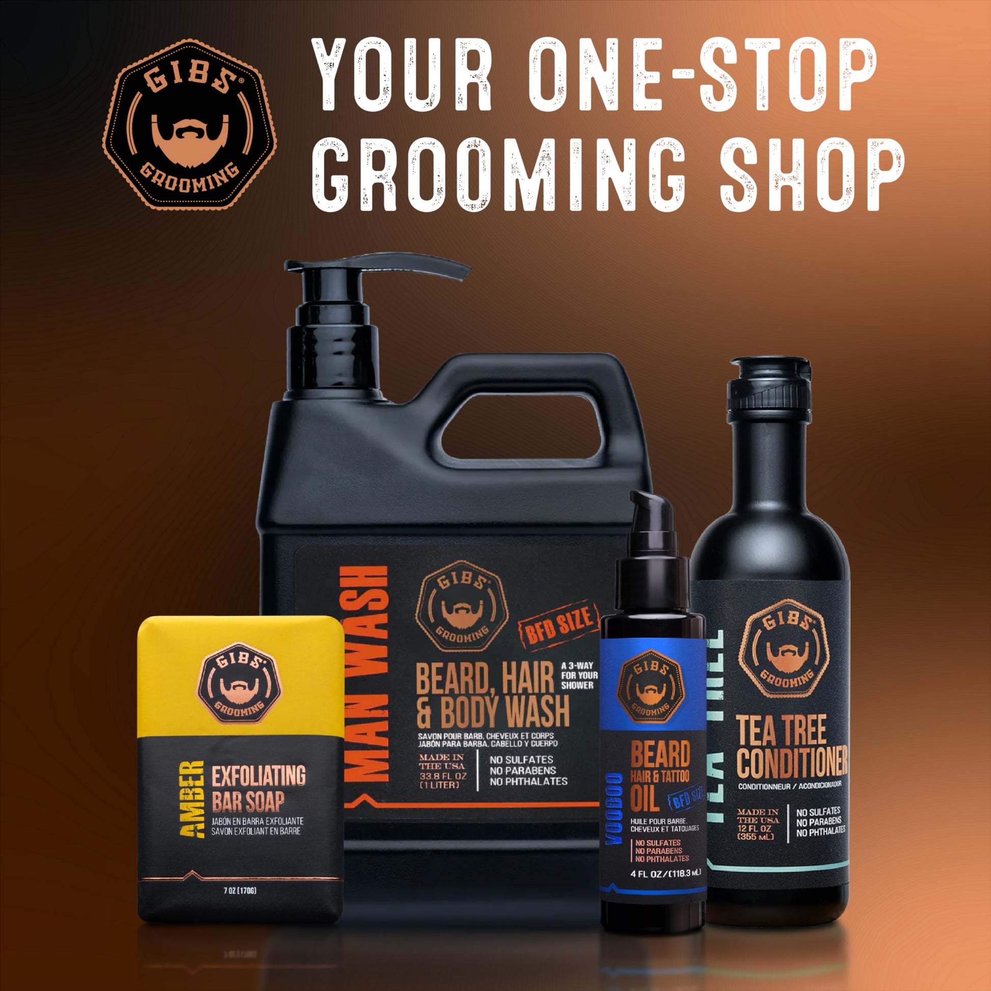 Black GIBS Grooming - Original Man Wash (33.8 fl oz) 3-in-1 Beard, Hair, Body Soap - Citrus, Oak, Basil Scent - Sulfate Free - Tea Tree Oil, Hemp Oil, Protein - Mens Body Wash & Mens Shampoo - Made in USA