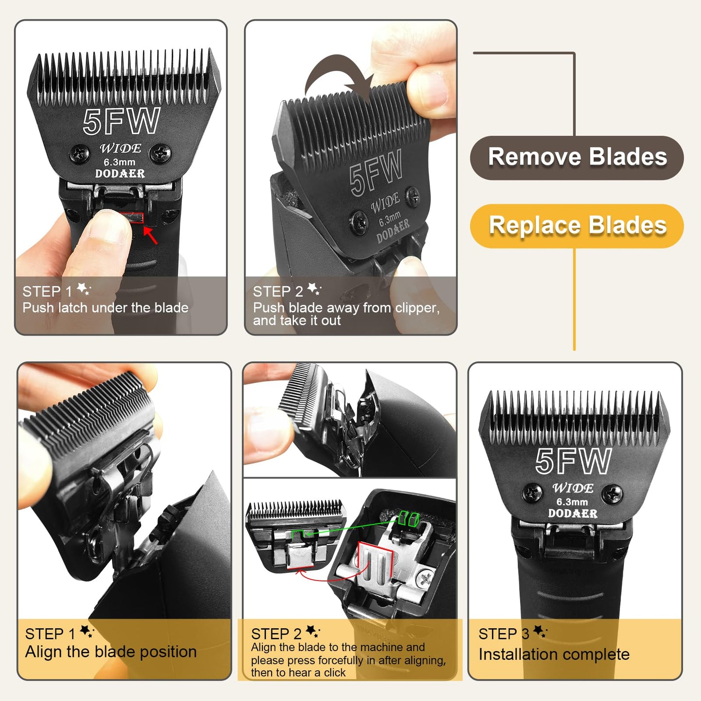 White Smoke DODAER 30W+10W+7FW+5FW+4FW Wide Blades for Dog Grooming,Compatible with Andis,Oster A5,Wahl km10 Clippers,Cutting Length 1/50" to 3/8",5 Pack(Black)