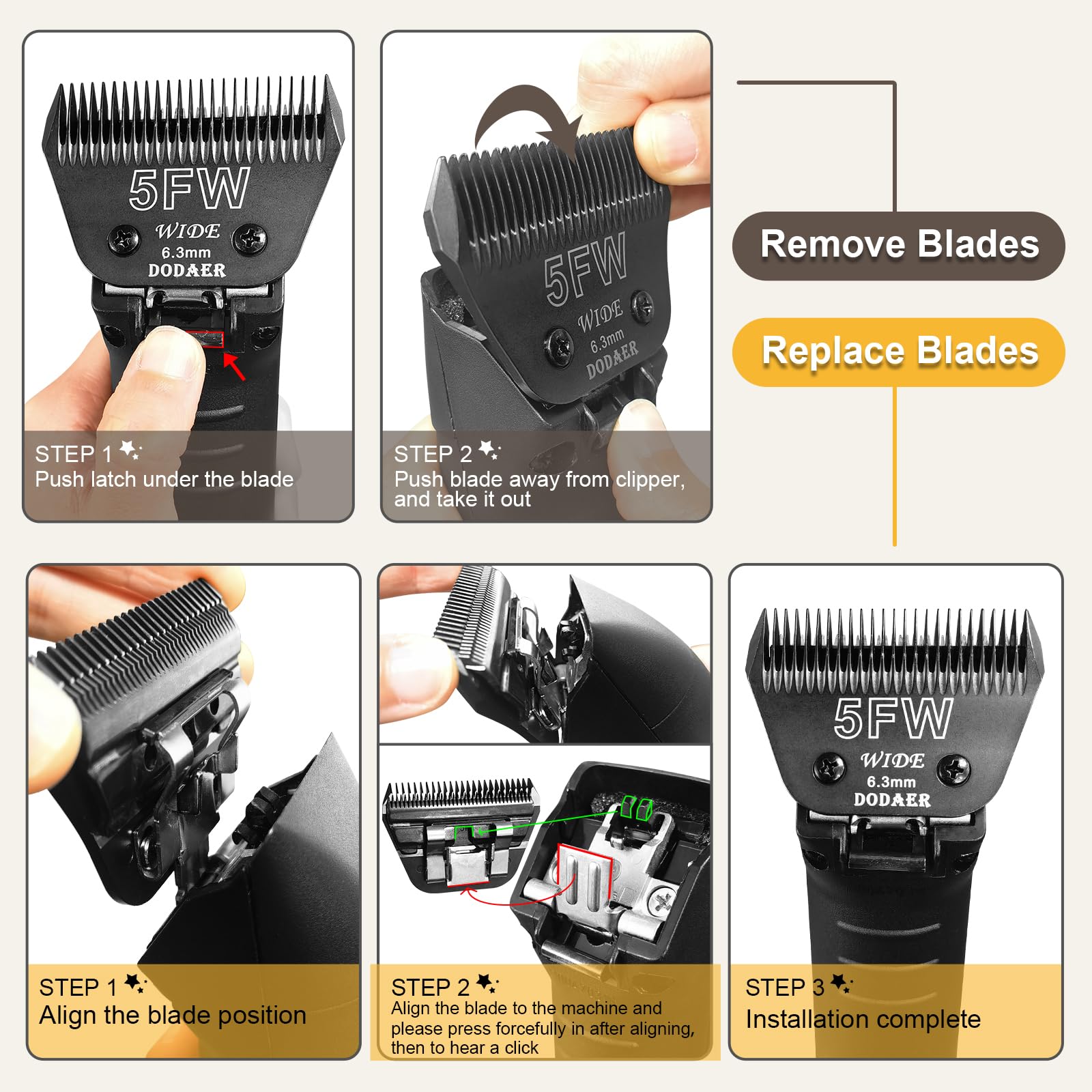 White Smoke DODAER 30W+10W+7FW+5FW+4FW Wide Blades for Dog Grooming,Compatible with Andis,Oster A5,Wahl km10 Clippers,Cutting Length 1/50" to 3/8",5 Pack(Black)