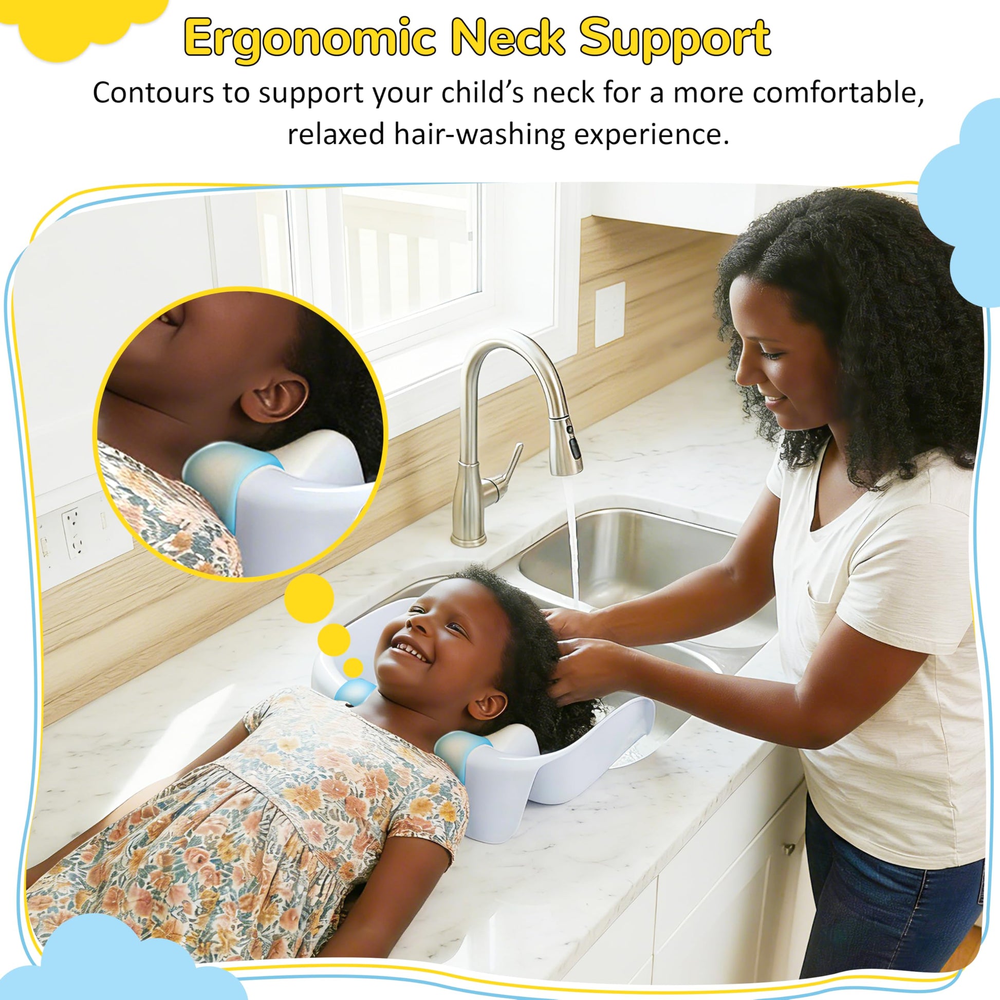 White Smoke FANTOVO Hair Washing Station for Kids, Portable Hair Washing Basin with Ergonomic Neck Support for Home Sink, Tear-Free Shampoo Bowl for Kids & Toddlers