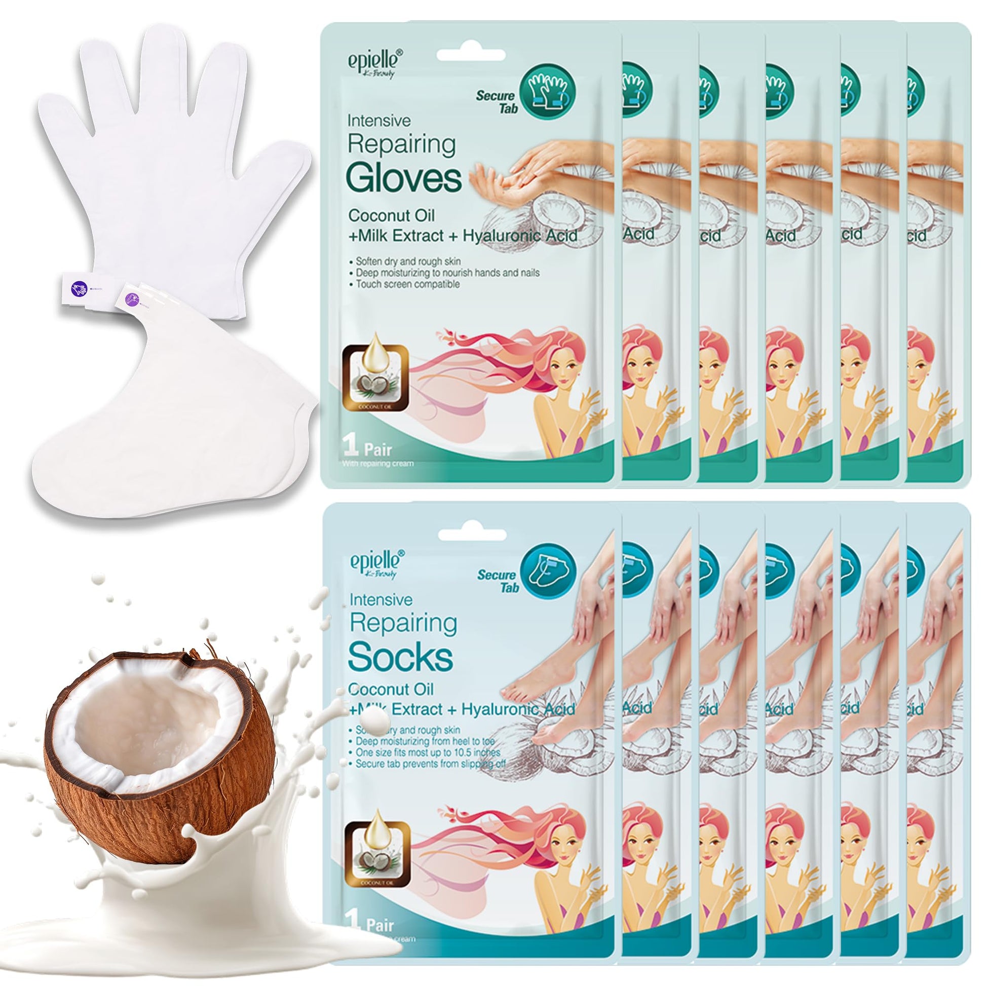 White Smoke Epielle Intensive Repairing Hand & Foot Masks, Restore and Moisturize Dry, Cracked Skin, Self Care Gifts for Women, Spa Kit, Mothers Day Gifts, 6 Moisturizing Gloves & 6 Moisturizing Socks