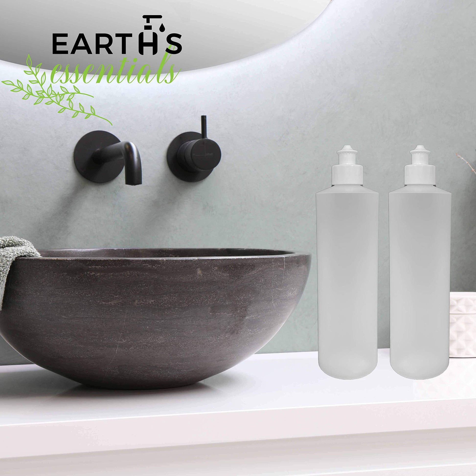Gray 2 Pack Refillable 16 Ounce HDPE Squeeze Bottles With Push/Pull Button Top Dispenser Caps-Great For Lotions, Shampoos, Conditioners and Massage Oils-Includes our patented thread-on funnel