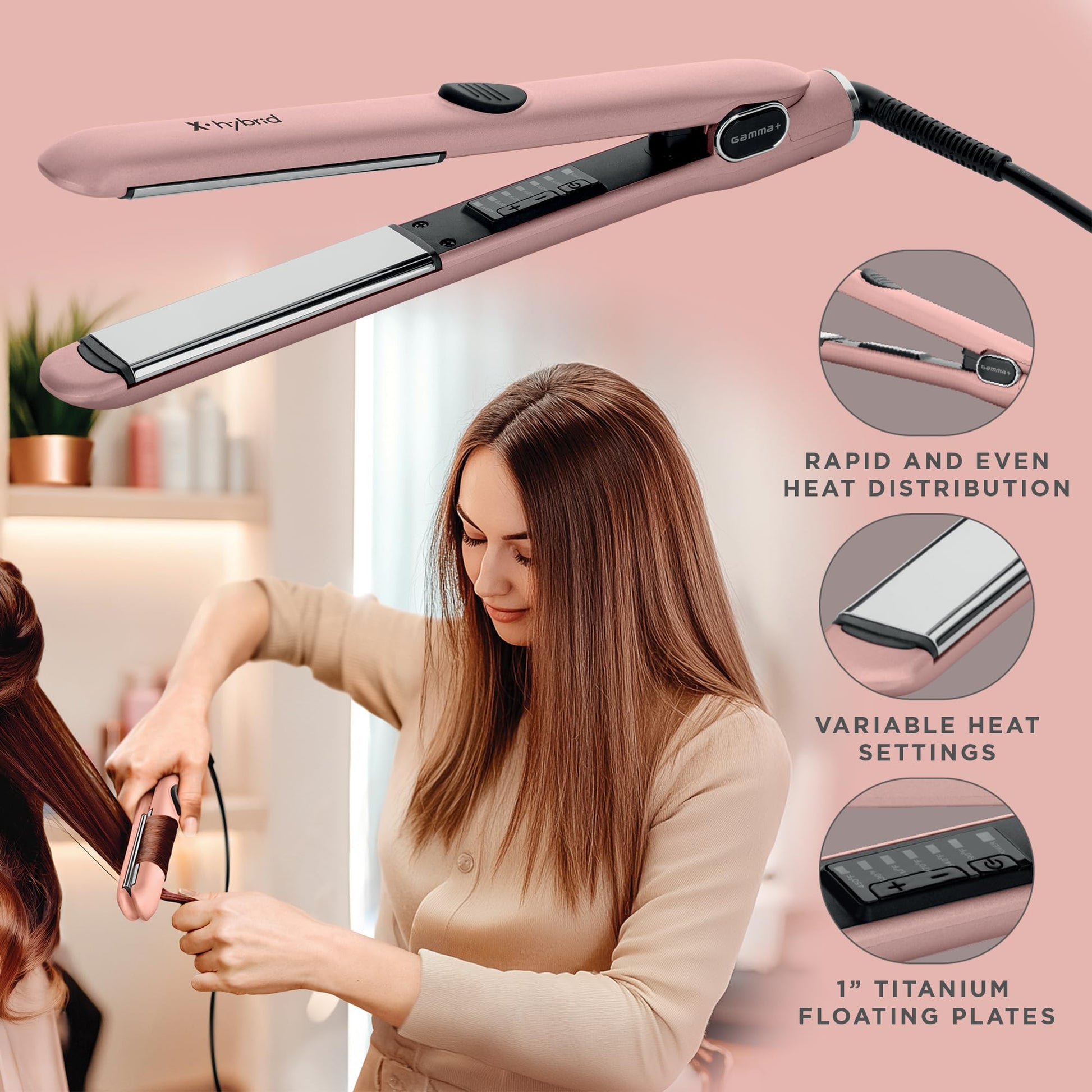 Light Pink GAMMA+ X-Hybrid 1” Titanium Flat Iron – Italian-Designed Professional Hair Straightener, 450°F High Heat, Floating Plates for Frizz-Free Styling & Keratin Treatments