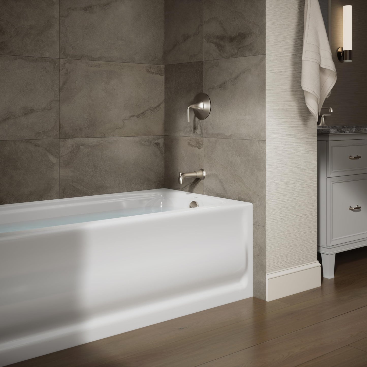 Dark Olive Green KOHLER 1150-RA-0 Bancroft 60" x 32" Acrylic Alcove Bathtub with Integral Flange and Right Hand Drain, Integral Apron, White