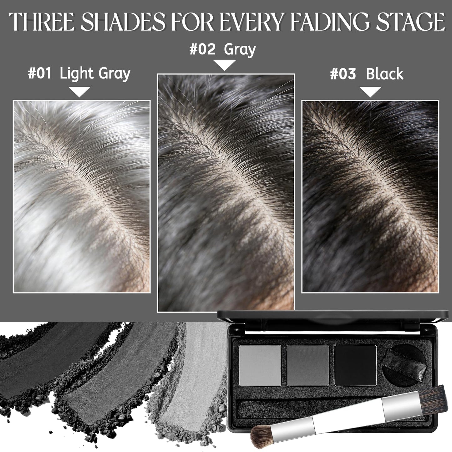 Dim Gray Comdian Hairline Powder for Women and Men, 3 Color Root Touch Up Hair Color Powder for Gray Coverage, Thinning Hair and Bald Spot, Black