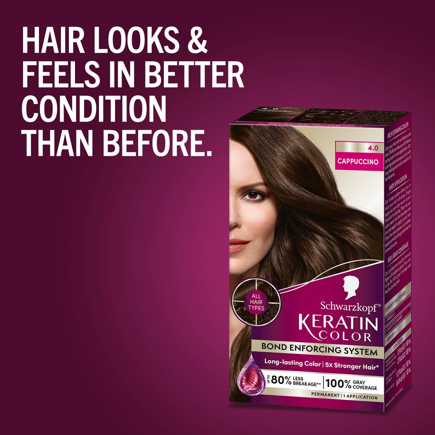 Dark Red Schwarzkopf Keratin Permanent Hair Dye Cream, 4.0 Cappuccino, Professional Quality Color for Up to 100% Gray Coverage, Bond Enforcing System